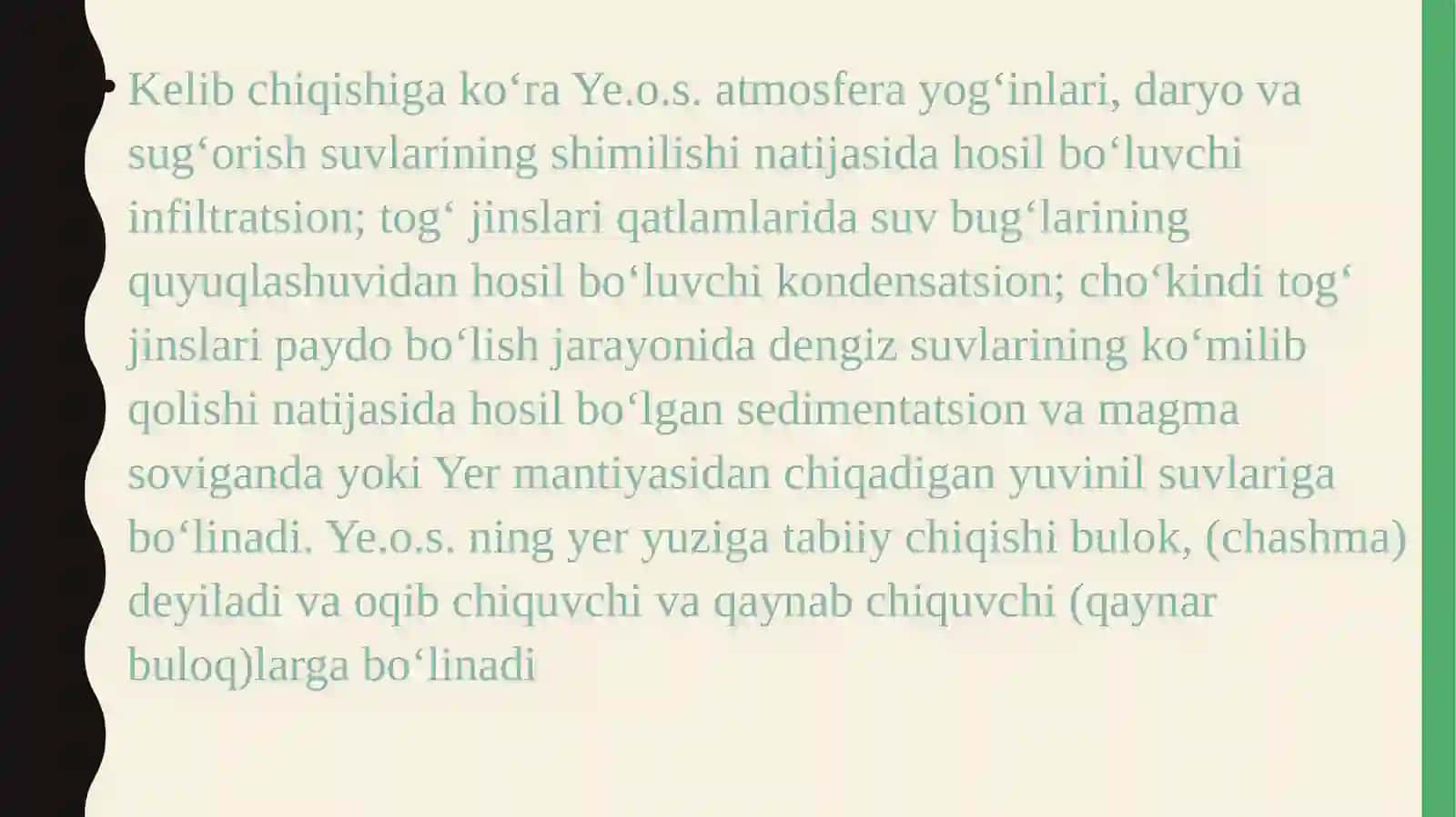 Yer osti suvlarining paydo boʻlishi va sinflarga boʻlinishi Yer osti suvlarining qurilish maqsadida baholash 3