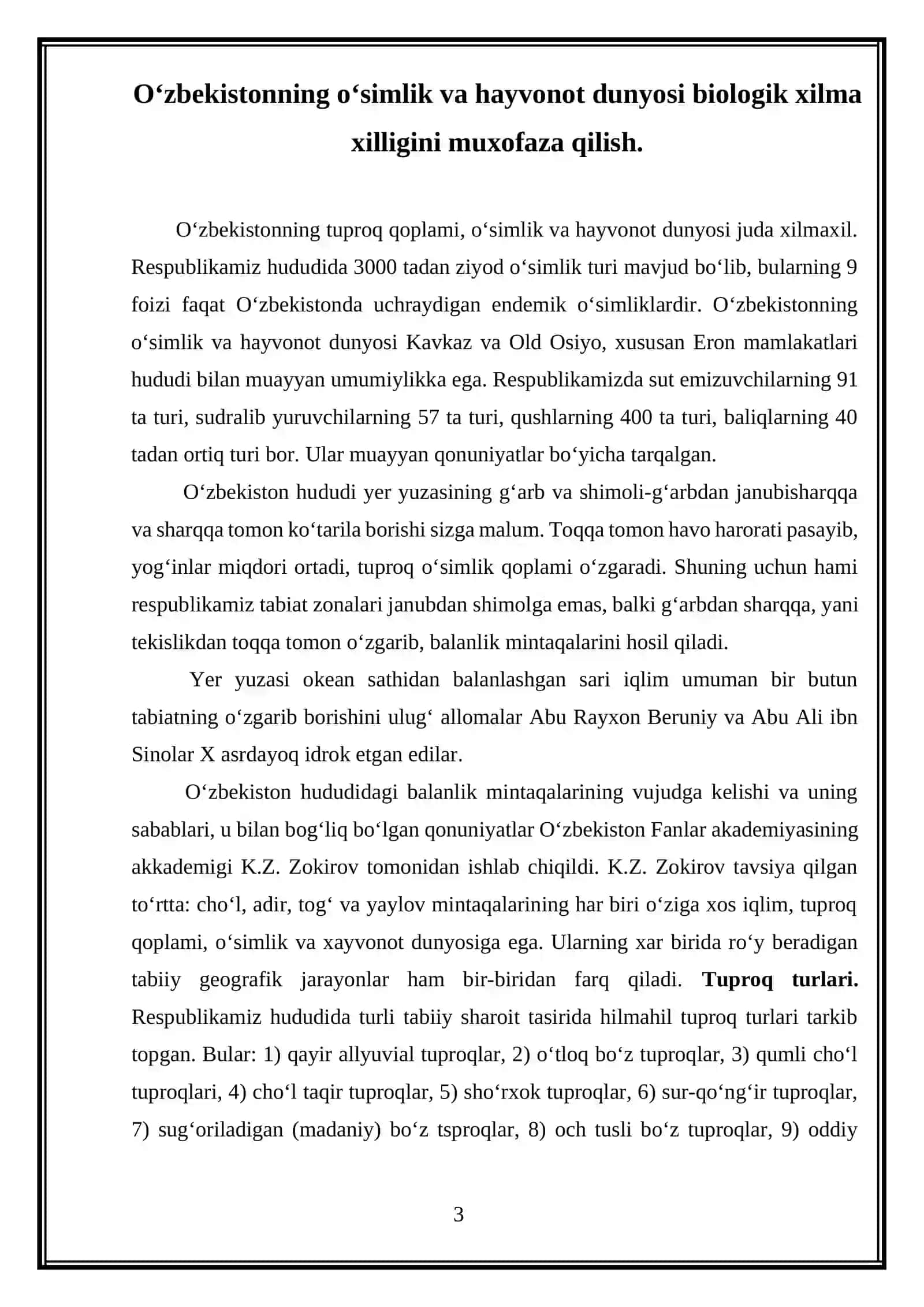 O‘ZBEKISTONNING O‘SIMLIK VA HAYVONOT DUNYOSI BIOLOGIK XILMA XILLIGINI MUHOFAZA QILISH 3