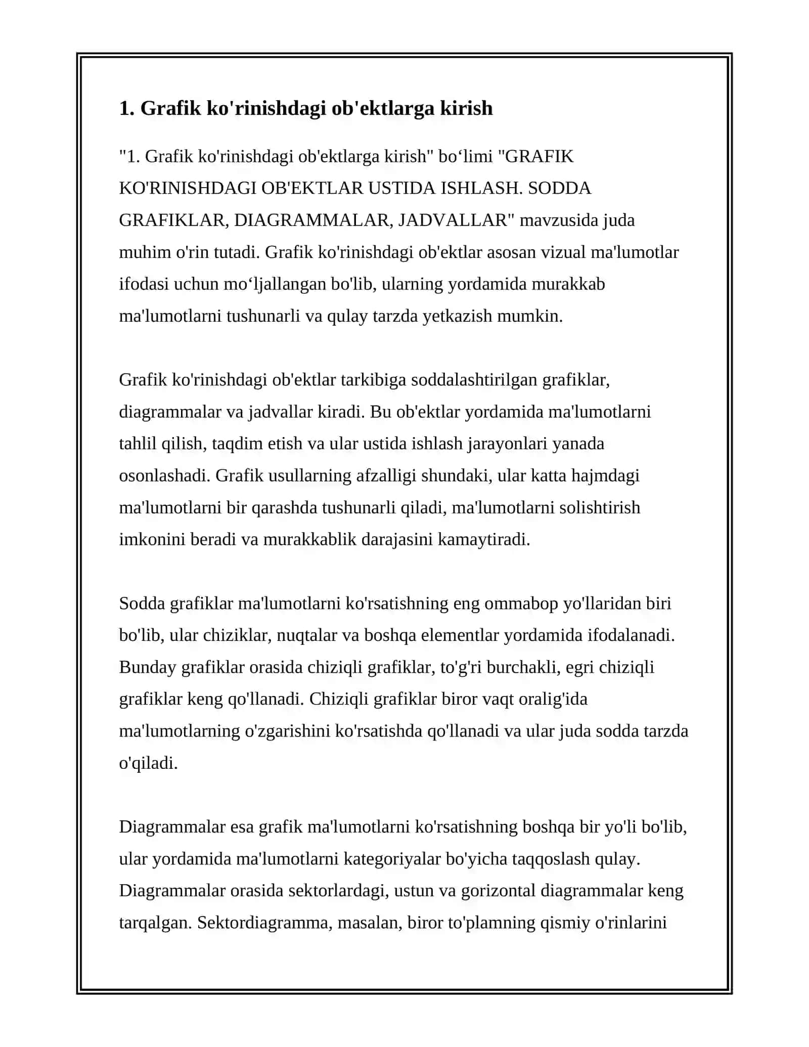 GRAFIK KO'RINISHDAGI OB'EKTLAR USTIDA ISHLASH. SODDA GRAFIKLAR, DIAGRAMMALAR, JADVALLAR 3