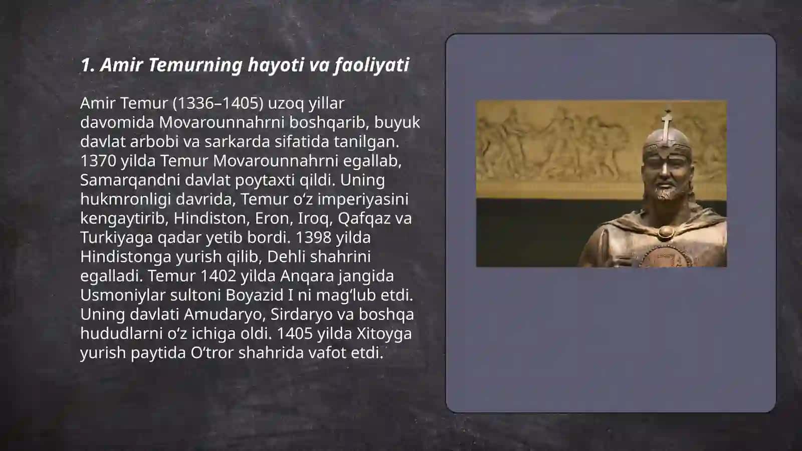 Amir Temur - buyuk davlat arbobi. Kuliyeva Dildora 3