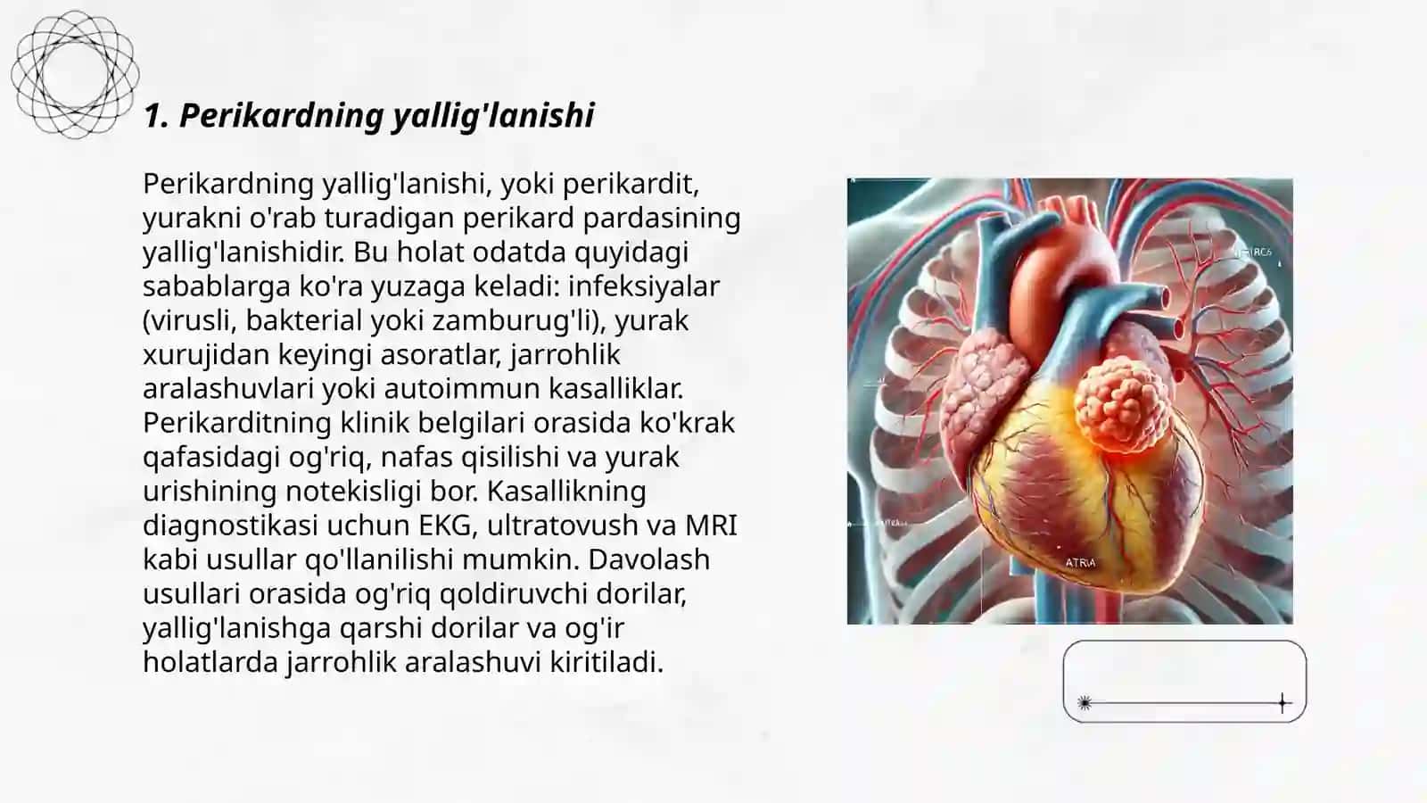 Perikard kasalliklari. Yurak oʻsmalari. Yurak transplantatsiyasi. Bayrammatov Derkar 3