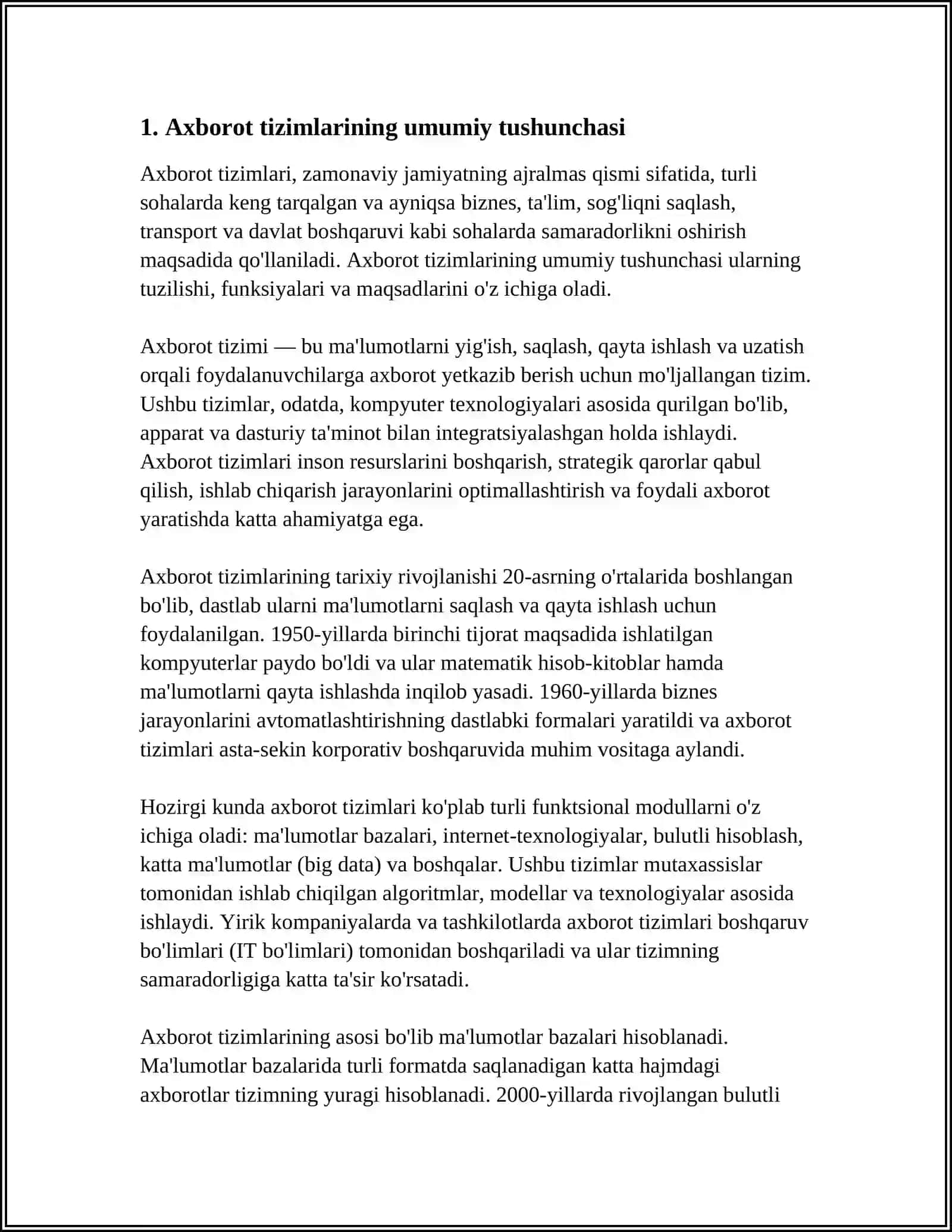 MUSTAQIL ISH Mavzu: AXBOROT TIZIMLARINING TASNIFI 3