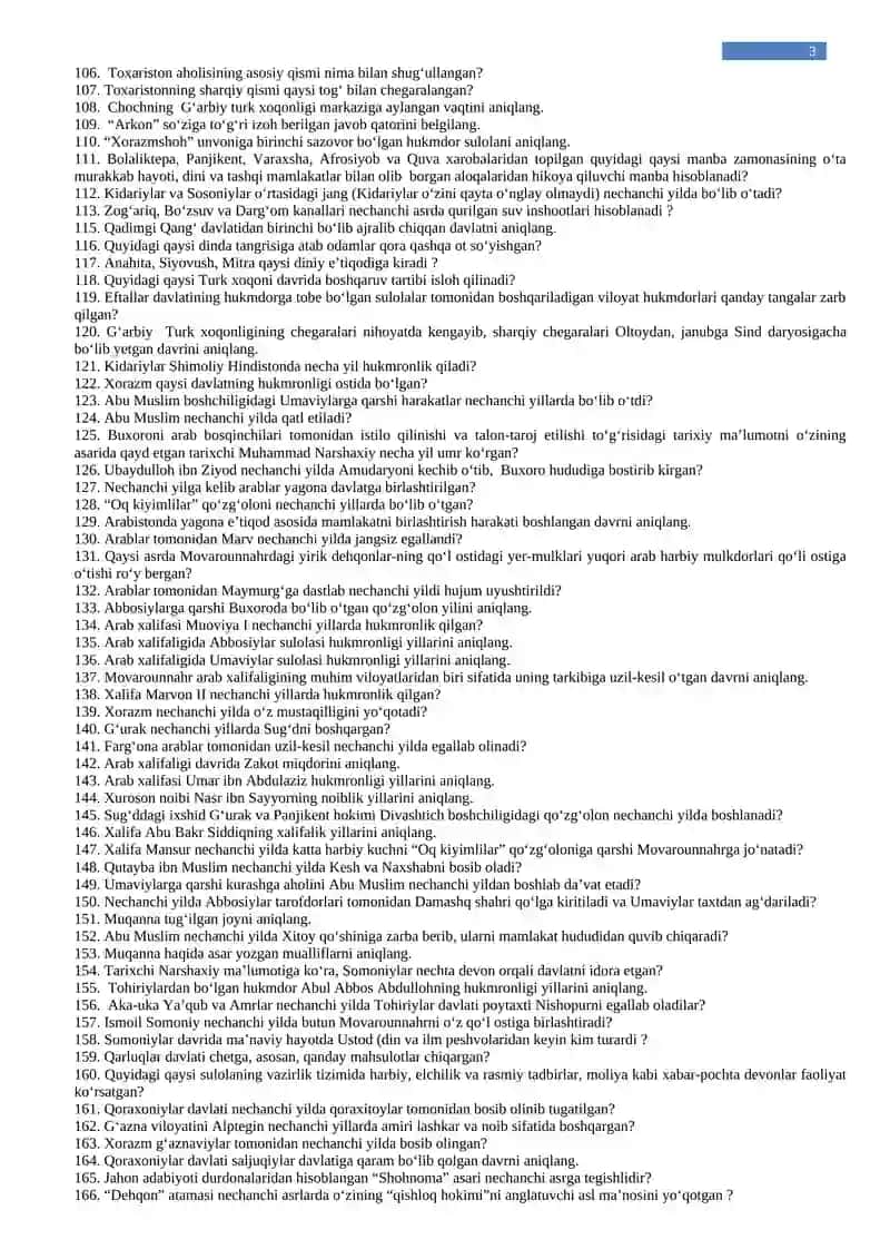 ICHKI ISHLAR VAZIRLIGI AKADEMIK LITSEYI BITIRUVCHILARI UCHUN 2021–2022-O‘QUV YILI “O‘ZBEKISTON TARIXI” FANIDAN YAKUNIY DAVLAT ATTESTATSIYASIGA TAVSIYA ETILADIGAN SAVOLLAR 3