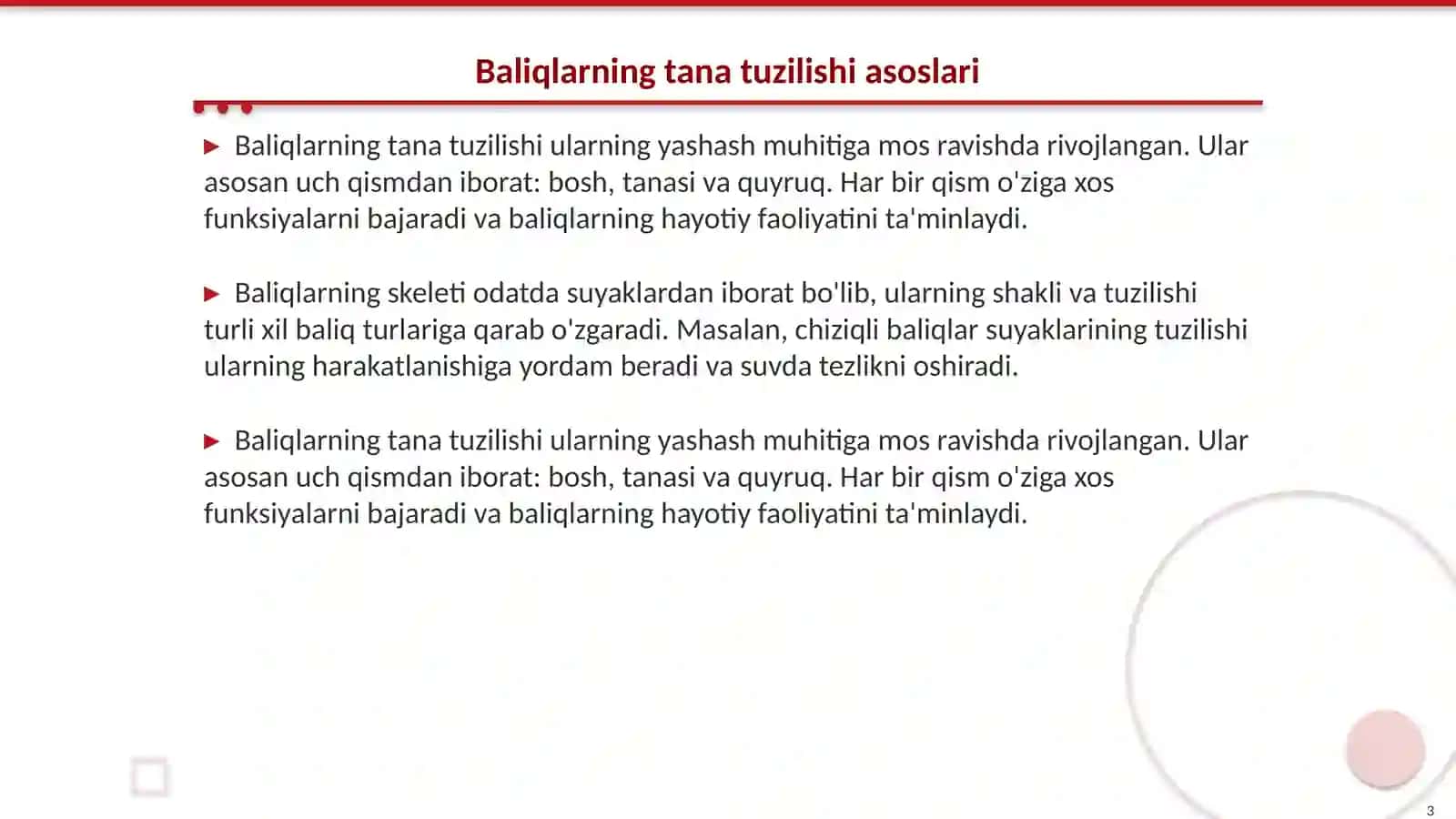 Baliqlarning tana tuzilishlari, harakatlanish aʼzolari. Terisi, tangachalari va suzgichlarining tuzilishi 3