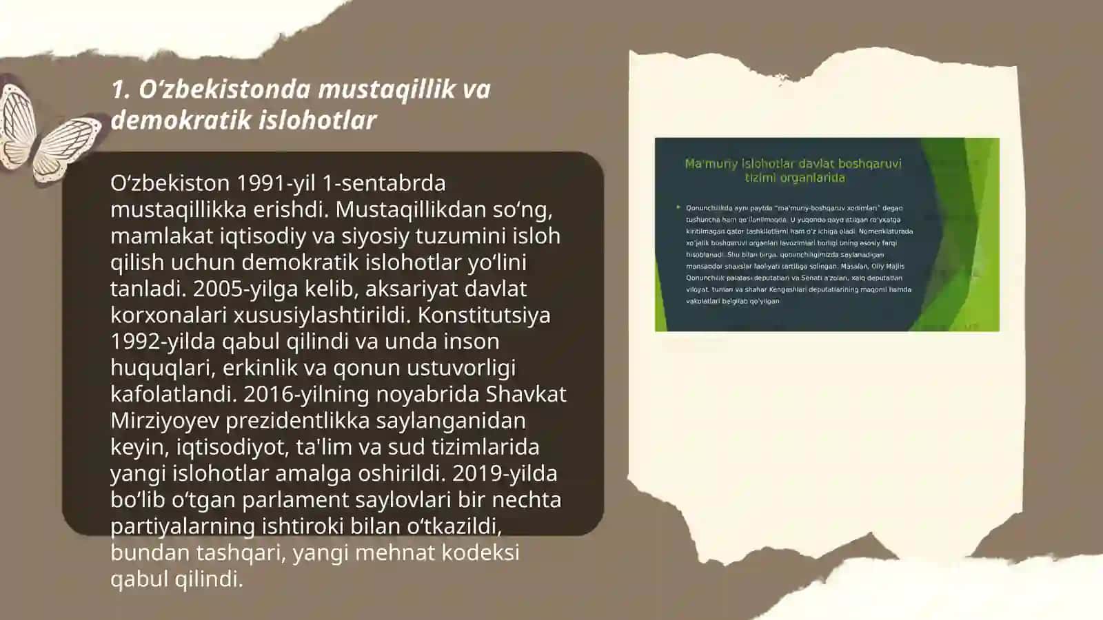 Oʻzbekistonda demokratik,fuqarolik jamiyati asoslarining shakllanishi,amalga oshirilgan siyosiy islohotlar Mohinur Nosirjonova 3