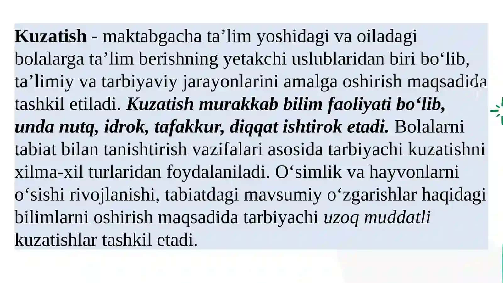 Kuzatish va uning turlari. Turliguruhlardakuzatishlarni tashkiletish va rahbarlikqilish. Yil fasllariga umumiy tavsifnoma 3