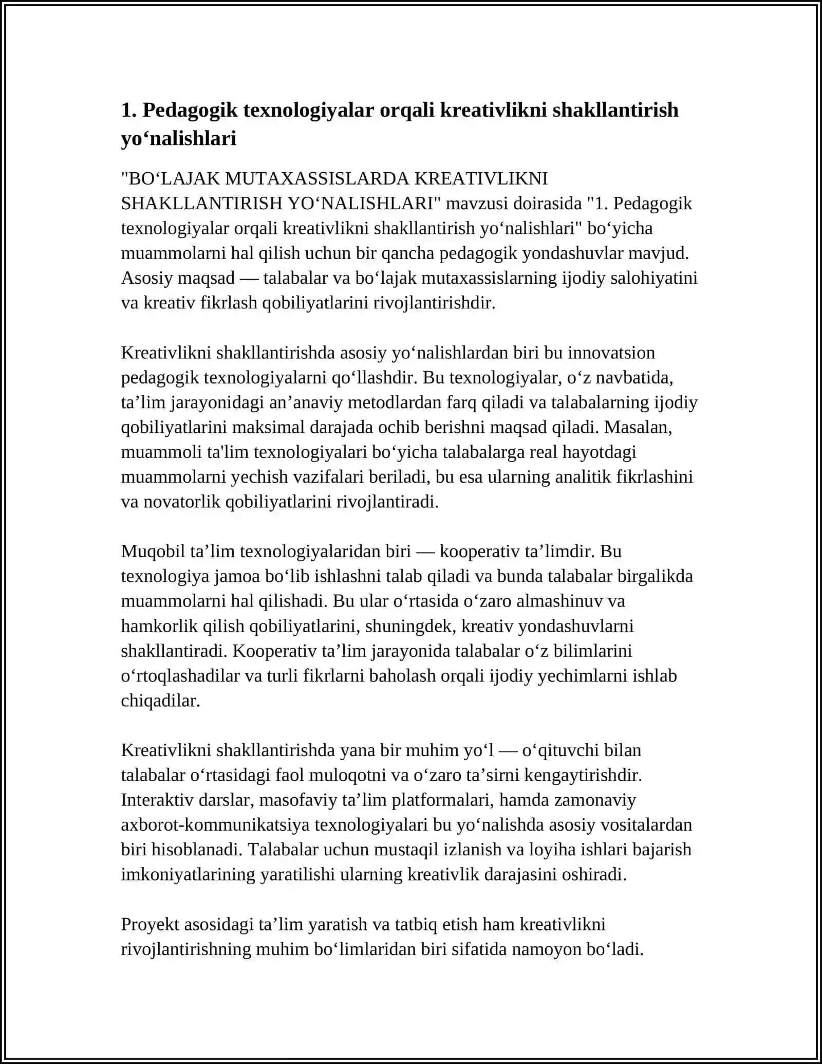 BO‘LAJAK MUTAXASSISLARDA KREATIVLIKNI SHAKLLANTIRISH YO' NALISHLARI 3