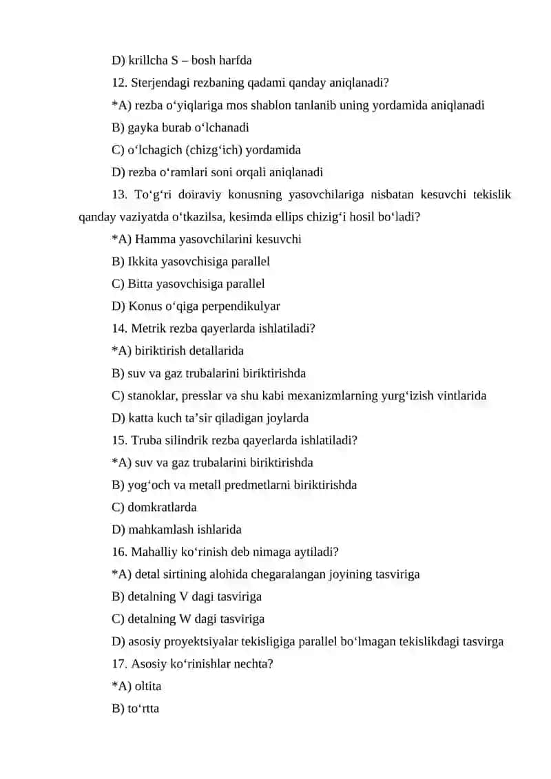 TESTLAR BAZASI Fan: Chizmachilik 3