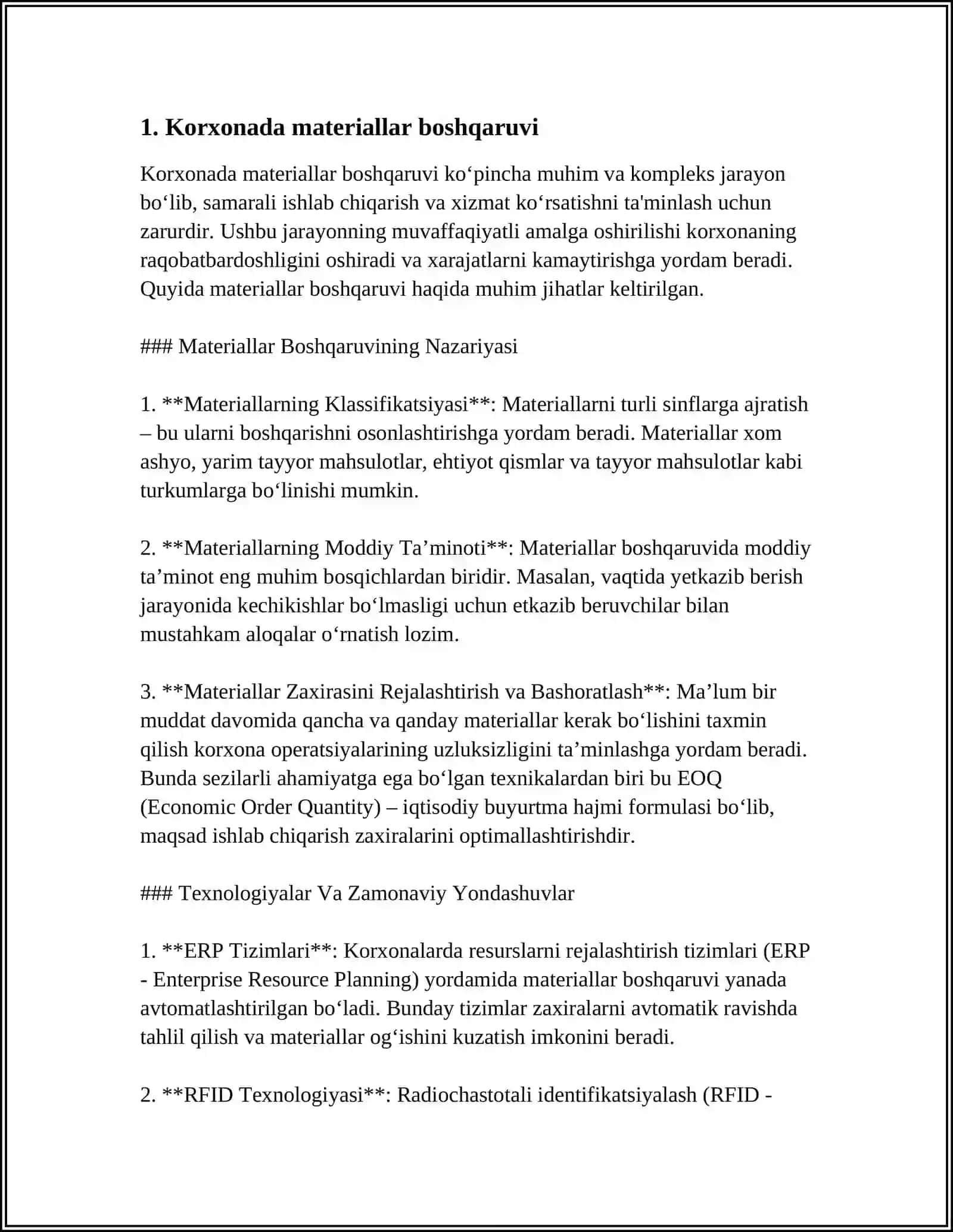 MUSTAQIL ISH Mavzu: KORXONADA MATERIALLAR O'RNI VA AXAMIYATI 3