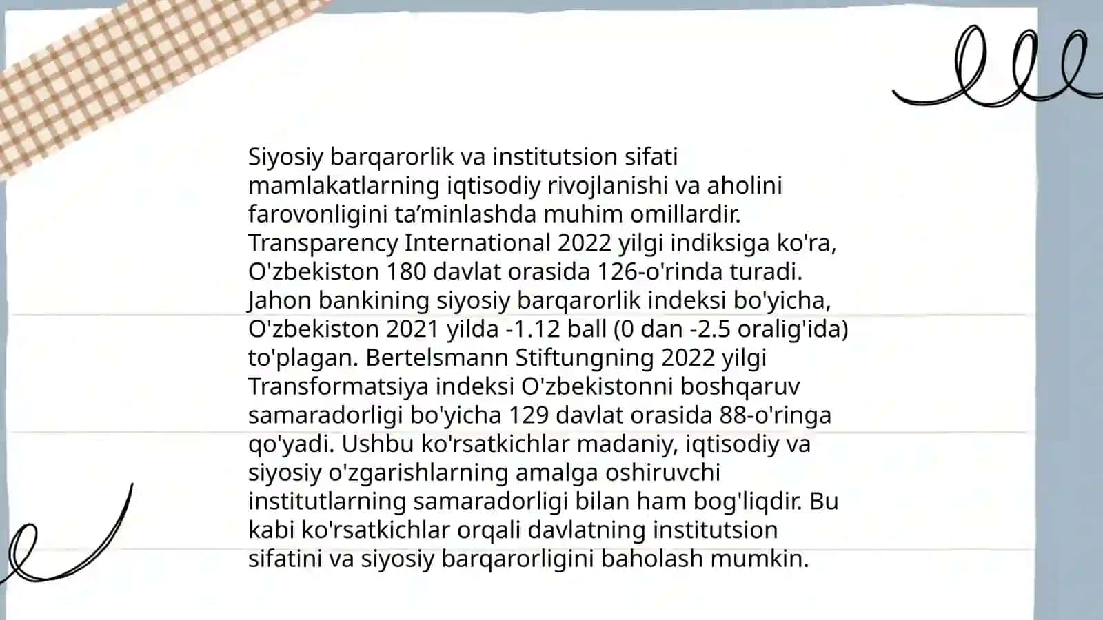 Siyosiy-huquqiy sohadagi (10ta) ustuvor xalqaro reytinglar va ularga Òzbekistonning integratsiyalashuvi 3