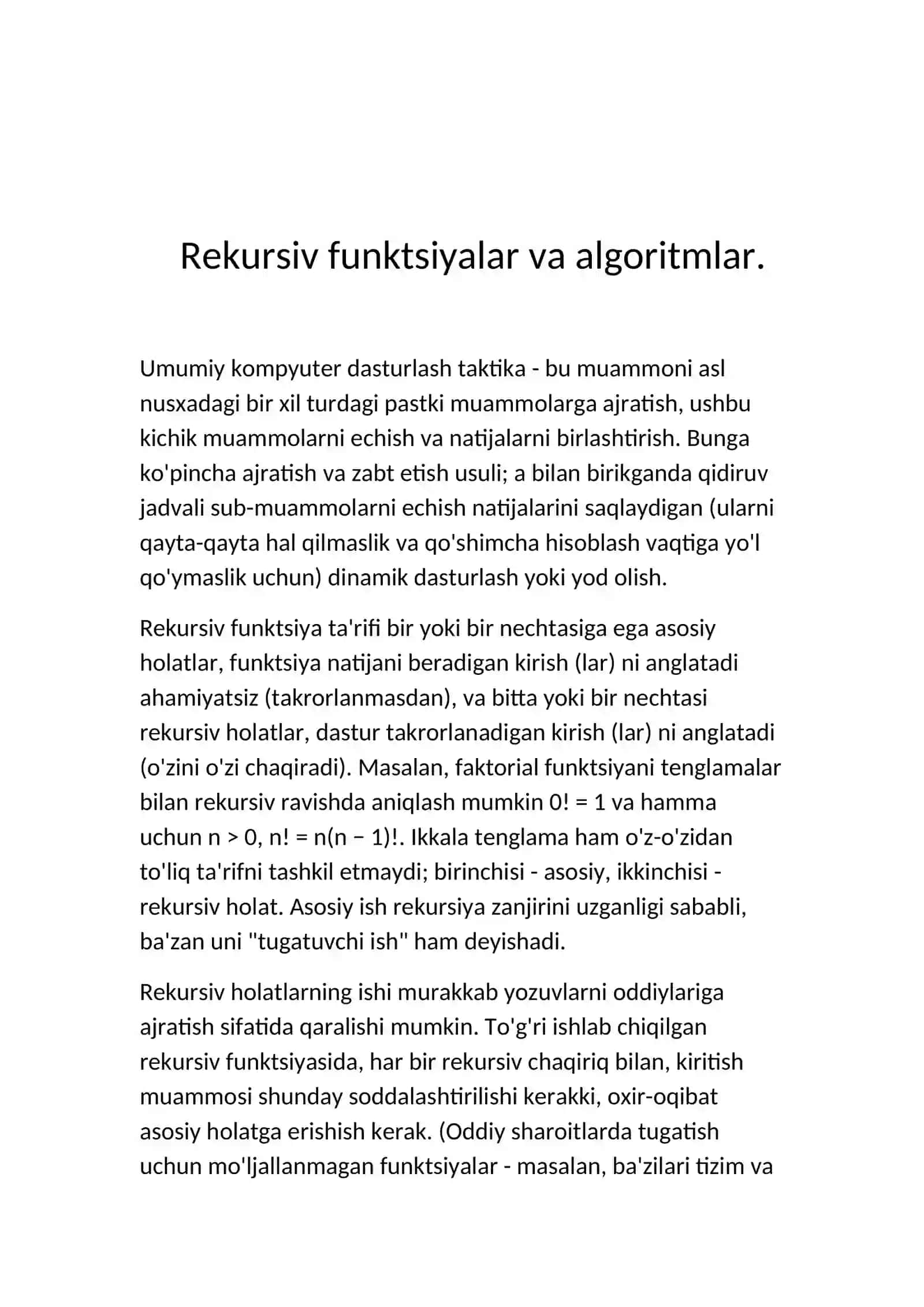 Rekursiv algoritmlar va ularning vazifalari. 3