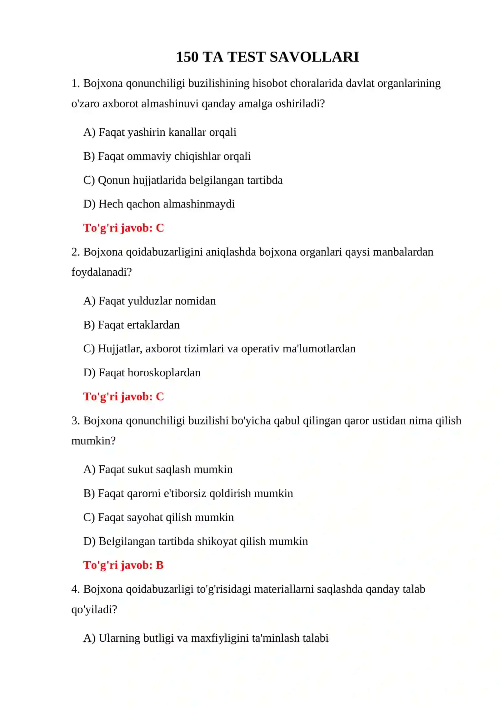 BOJXONA QONUNCHILIGI YANGI TESTLAR 3