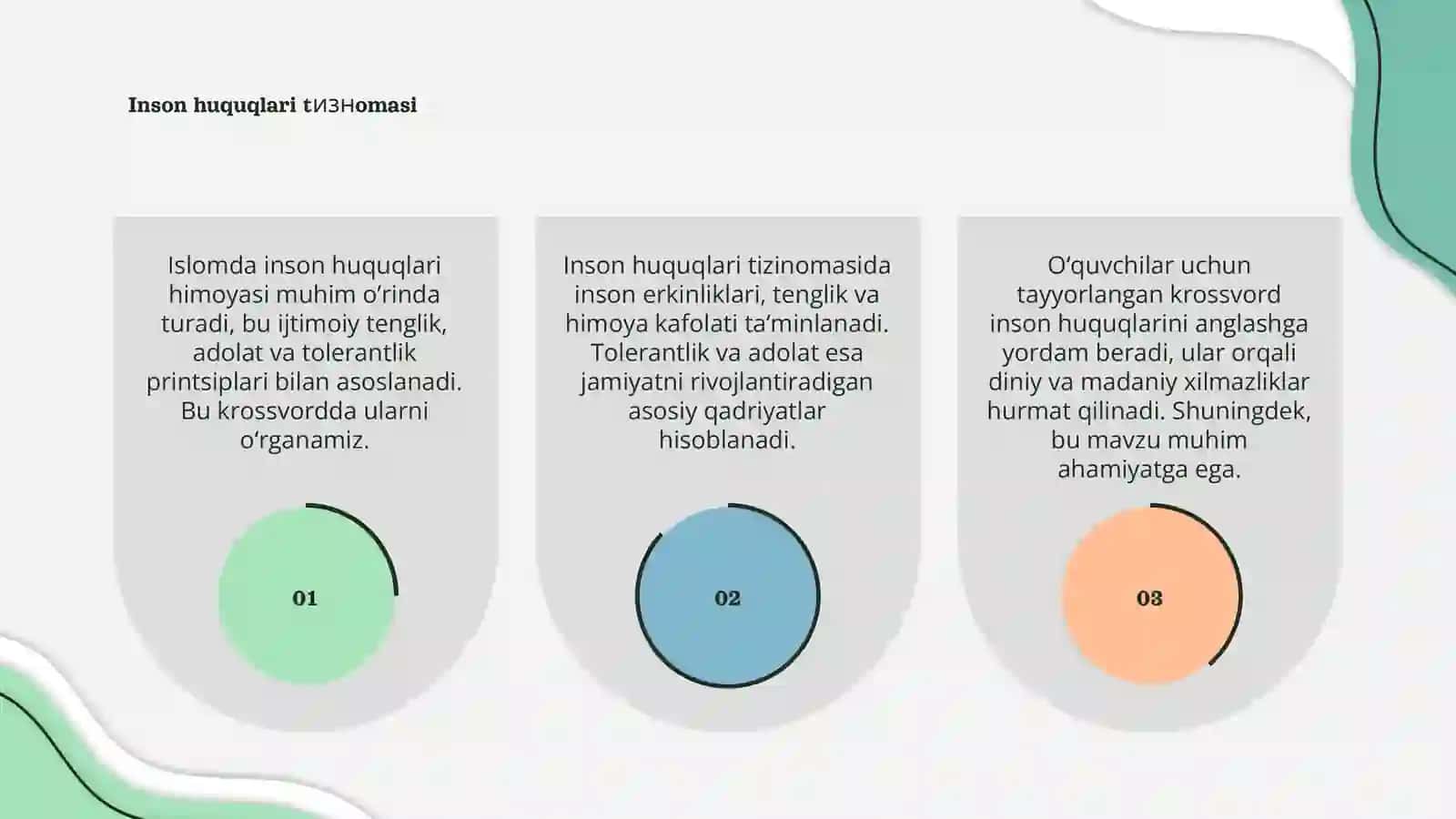 Islomda inson huquqlari himoyasi, ijtimoiy tenglik, adolat va tolerantlik mavzusida krossvord tayyorlash 3