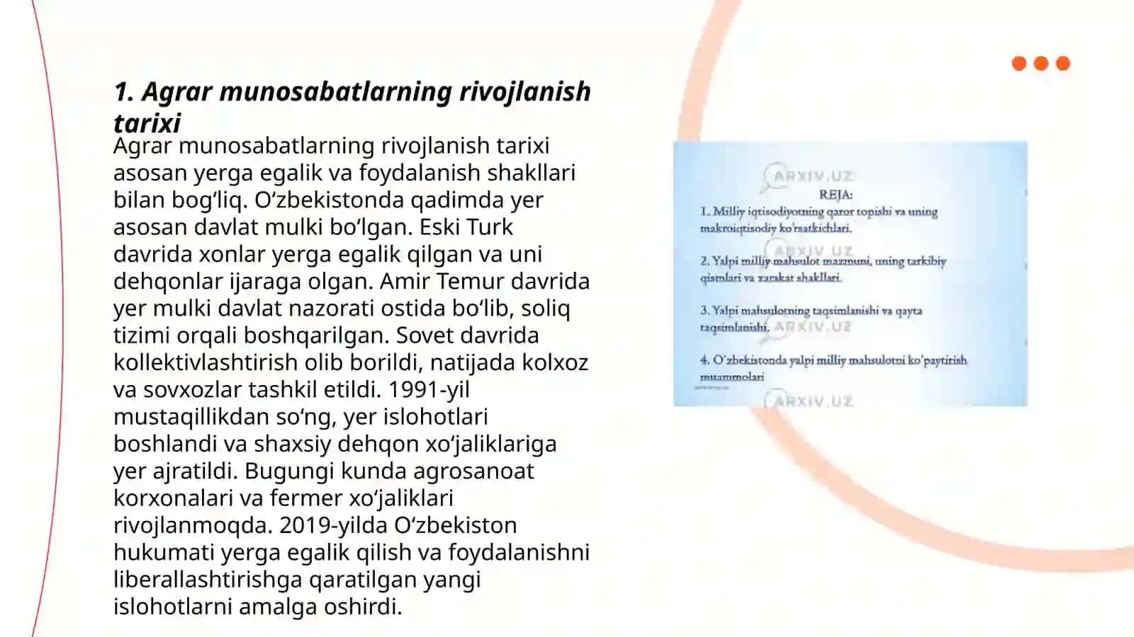 Agrar munosabatlar va agrobiznes. Milliy iqtisodiyot va uning makroiqtisodiy o’lchamlari. Yalpi ichki mahsulot va uning harakat shakllari 3