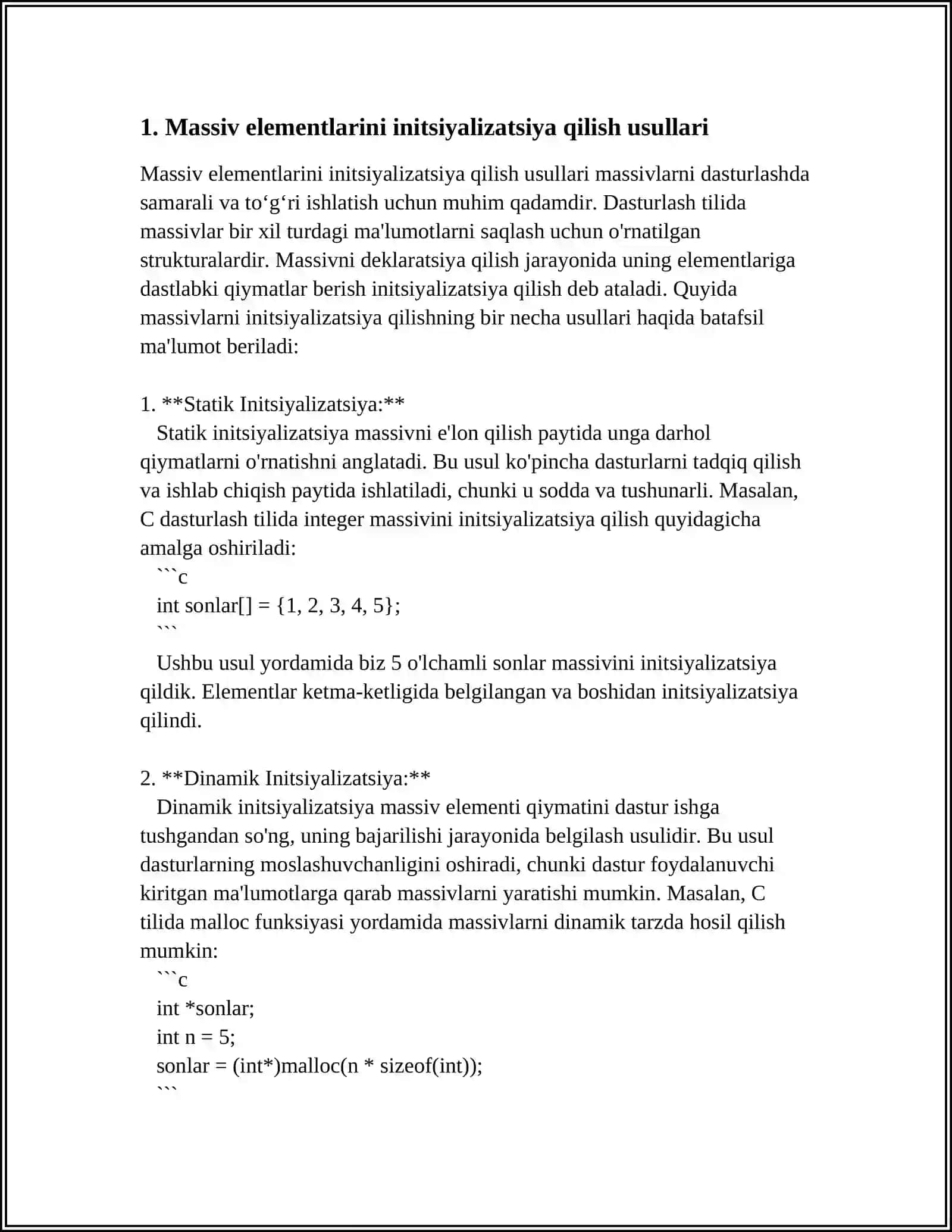 O’LCHAMLI KO’RSATILGAN MASSIV ELEMENTLARINI TO’LIQ INITSIYAZIATSIYALASH MAVZUSIDA 3