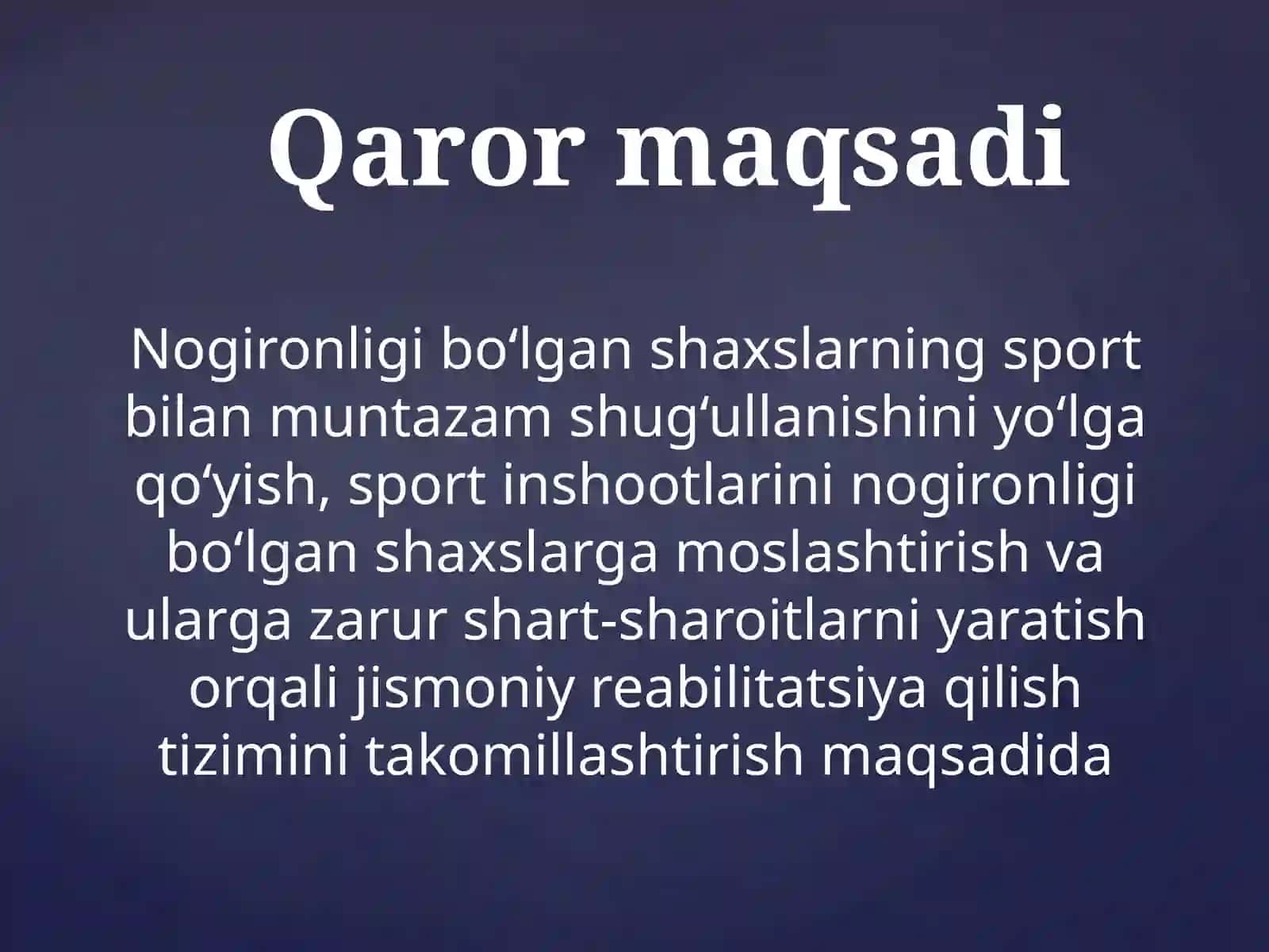 NOGIRONLIGI BO‘LGAN SHAXSLARNI SPORTGA JALB ETISH ORQALI JISMONIY REABILITATSIYA QILISH TIZIMINI TAKOMILLASHTIRISH BO‘YICHA QO‘SHIMCHA CHORA-TADBIRLAR TO‘G‘RISIDA 3