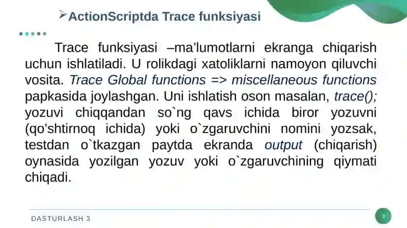 Trace funksiyasi, rolikga izoh yozish va oddiy arifmetik operatorlar. Satr va satrlar ustida bajariladigan amallar. Typeof() funksiyasi 3