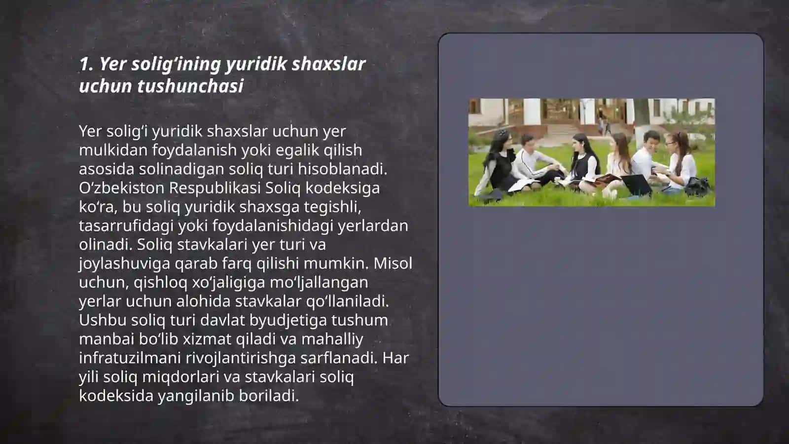 Yuridik shaxslardan undiriladigan yer solig‘i va uni soliq tizimida tutgan o‘rni 3