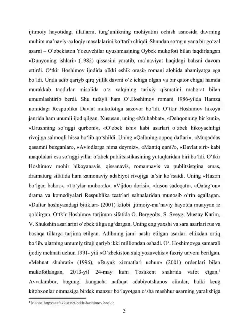 “ Ikki eshik orasi “ romanida zamon qahramon munosabatlarining badiiy talqini mavzusida yozgan 3