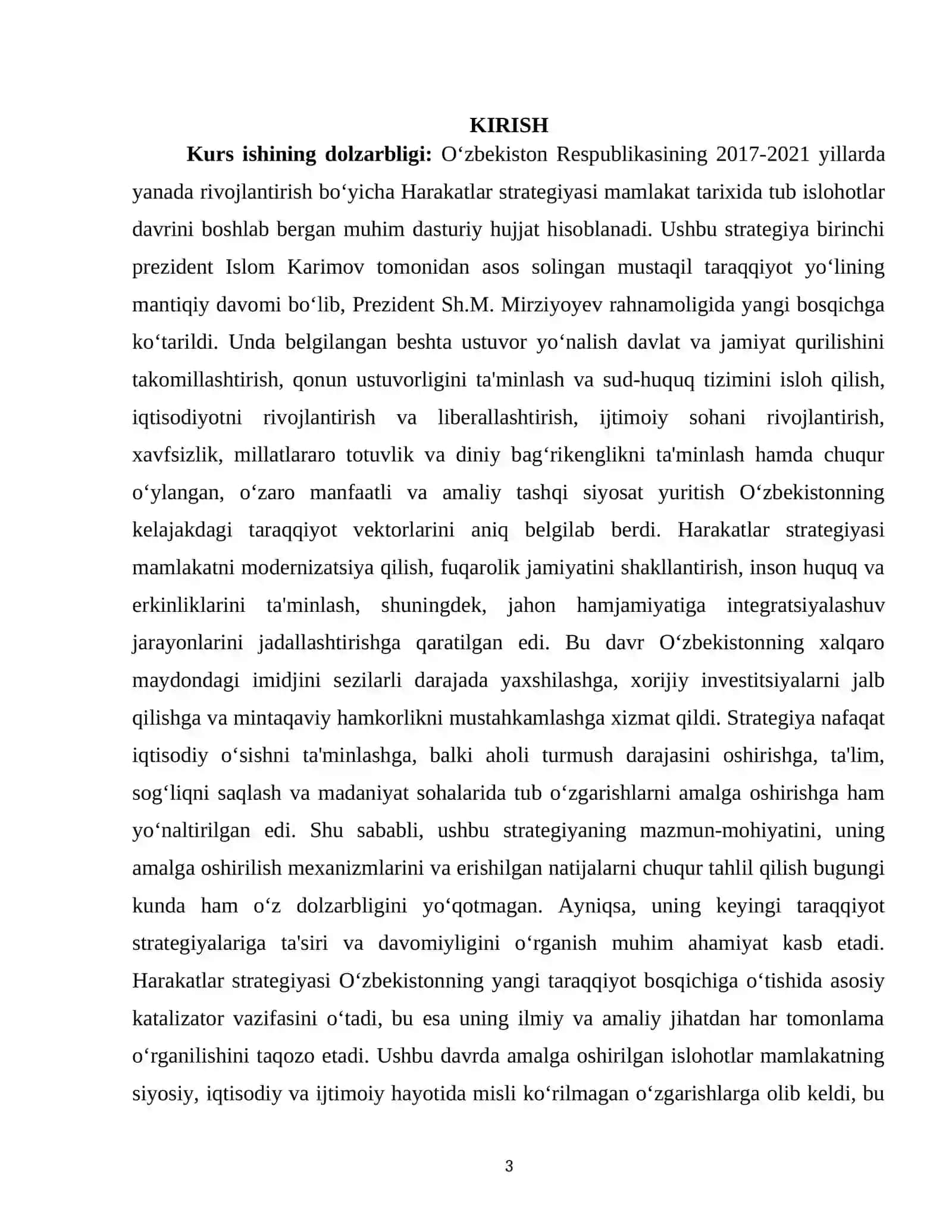 "2017-2021 YILLARDA OZBEKISTON RESPUBLIKASINI YANADA RIVOJLANTIRISH BOYICHA HARAKATLAR STRATEGIYASI VA UNDA BELGILANGAN USTUVOR YONALISHLAR." 3