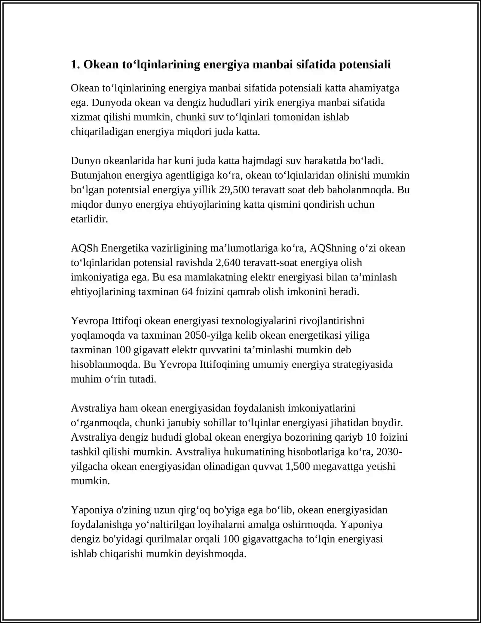 OKEAN TOʻLQIN ENERGIYASIDAN FOYDALANISH BOʻYICHA ZAMONAVIY TATQIQOTLAR 3