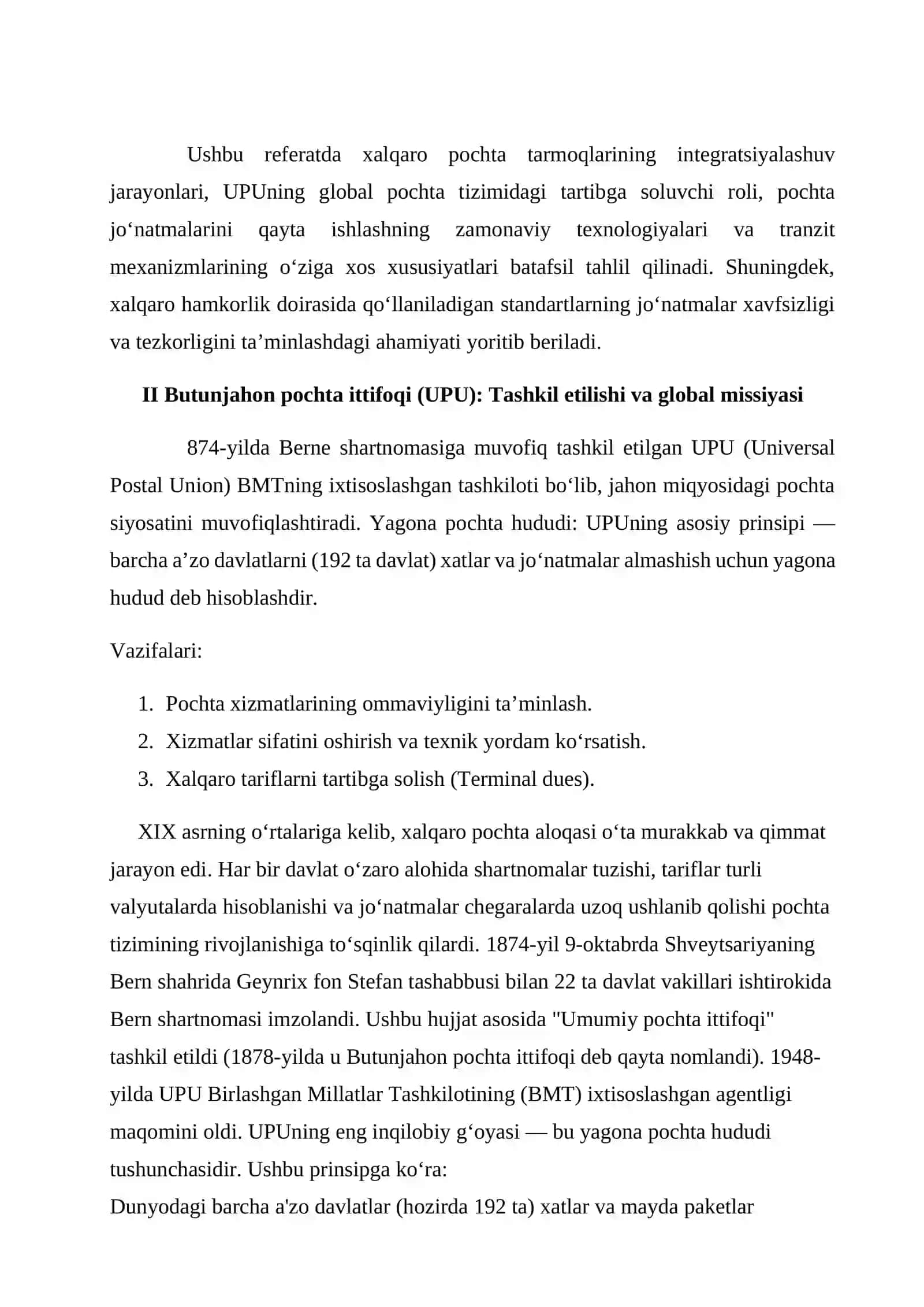 Xalqaro pochta tarmoqlari bilan integratsiya va Butunjahon pochta ittifoqi (UPU) roli. Xalqaro pochta joʻnatmalarini qayta ishlash, tranzit mexanizmlari va UPUning global pochta standartlarini oʻrganish. 3