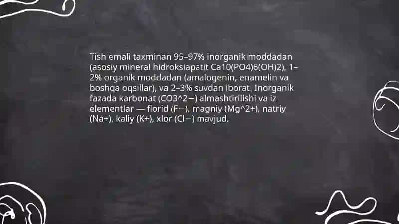 Tish qattiq to`qimasi kimyoviy tarkibi (emal, dentin, tsement) 3