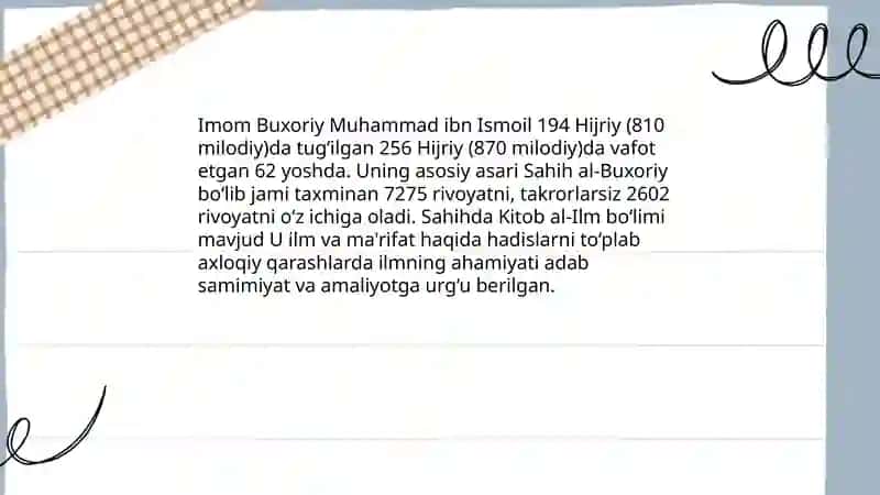 Imom Buxoriy ilm-ma'rifat haqidagi hadislarining axloqiy qarashlari 3