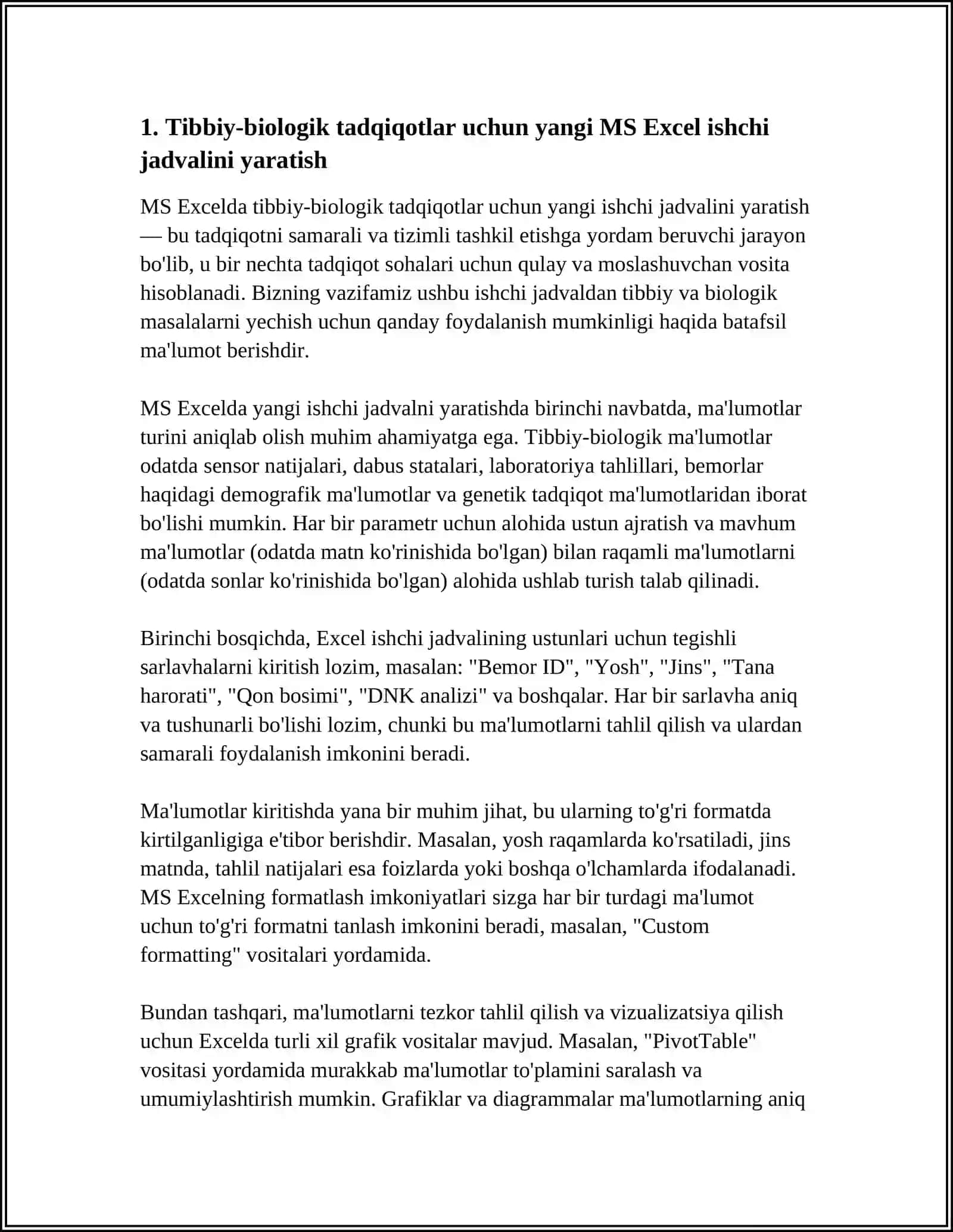 MS EXCELDA TIBBIY-BIOLOGIK MASALANI ECHISH MISOLIDA MAʼLUMOTLARNI TASHKIL QILISH VA KIRITISH 3