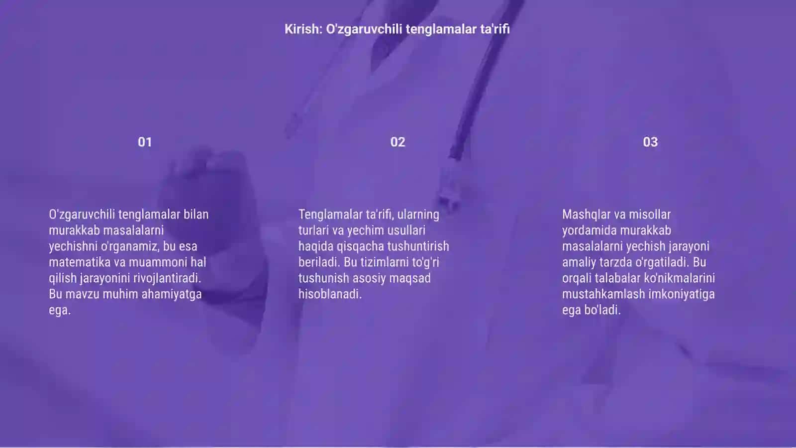 O'zgaruvchili tenglamalar bilan yechiladigan murakkab masalalarni yechishga oʻrgatish 3
