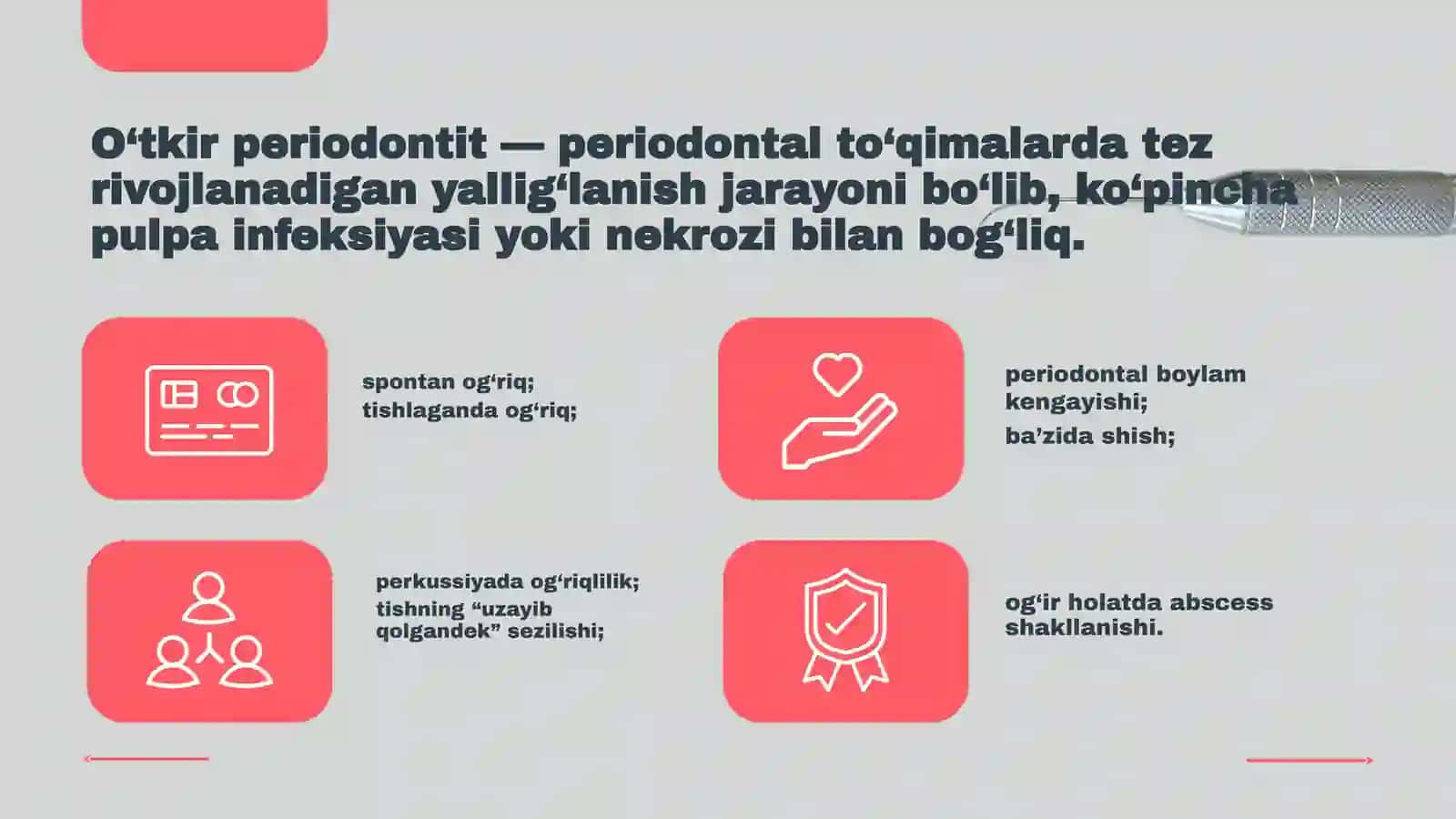 O‘TKIR PERIODONTITLARNI SHAKLLANMAGAN SUT VA DOIMIY TISHLARDA DAVOLASH PAYTIDA VA DAVOLANGANDAN SO‘NG YUZAGA KELISHI MUMKIN BO‘LGAN ASORATLAR 3