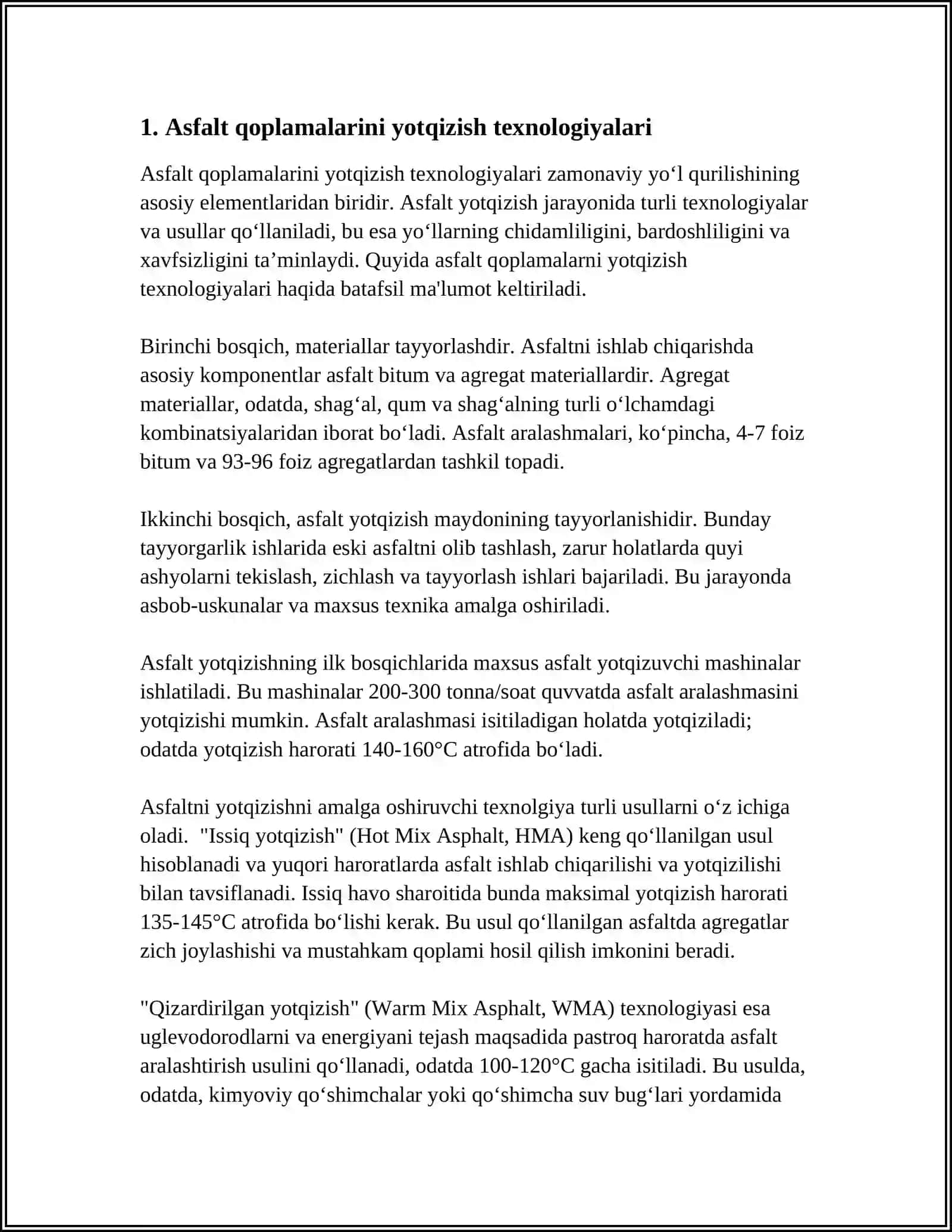 AVTOMOBIL YOʻLLARINI QURISH, REKONSTRUKSIYA QILISH, TAʼMIRLASH, SAQLASH ISHLARI 3