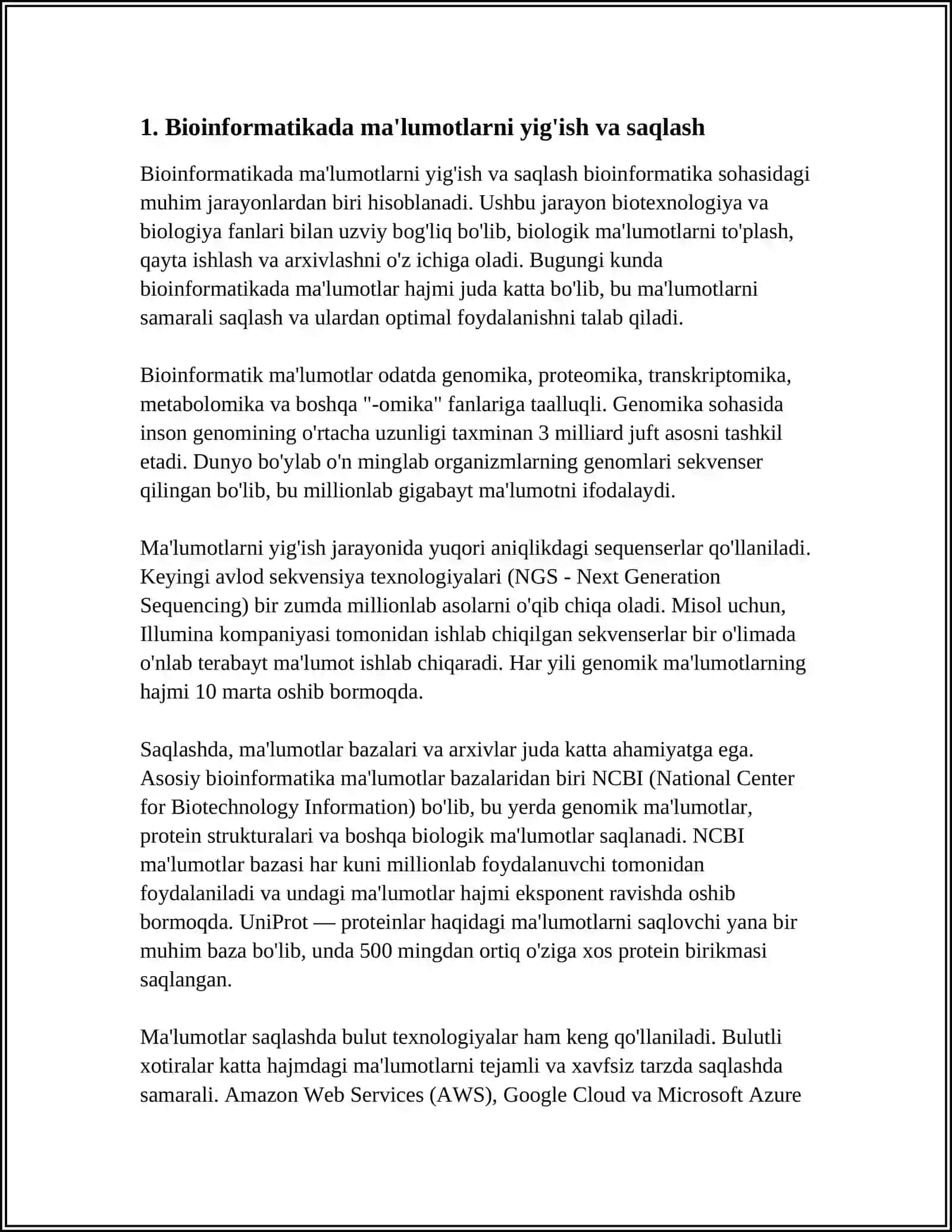 BIOINFORMATIKA VA BIOMEXANIKA FANIDAN. BIOINFORMATIK KOMPYUTERLI MODEL YARATISH BOSQICHLARI MAVZUSIDA MUSTAQIL ISH 3