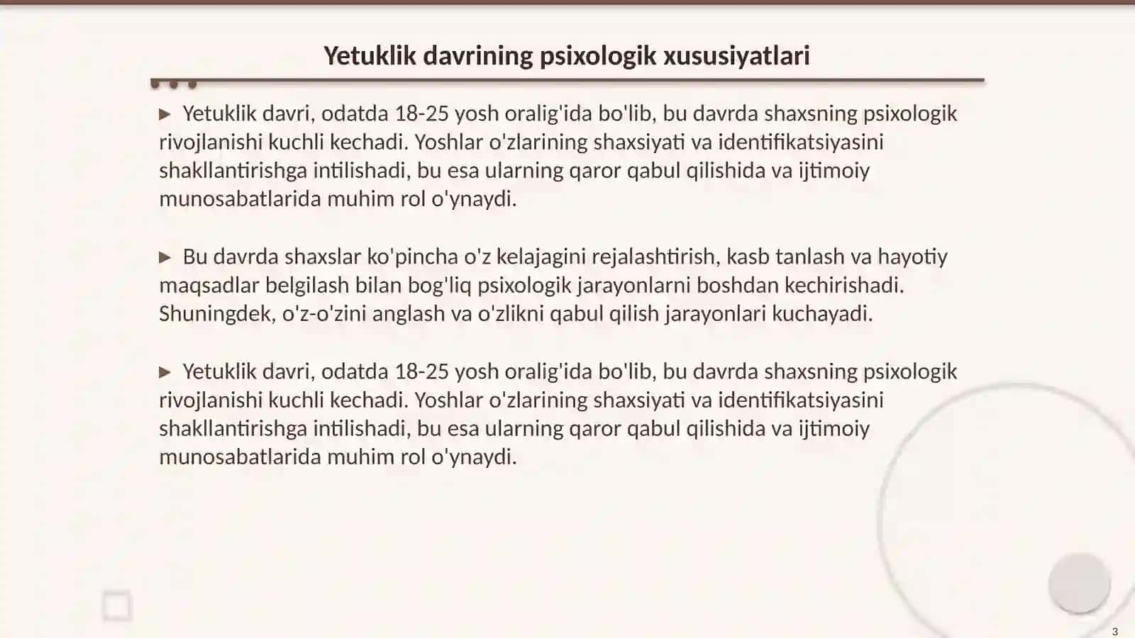 Psixalogiya va sport psixalogiyasi Mavzu Yetuklik davrining psixologik xususiyatlari 3