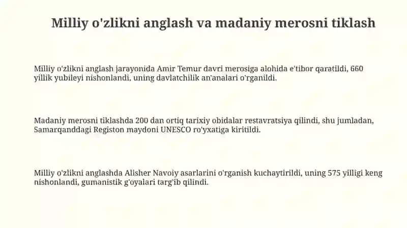Mustaqillik yillarida O'zbekistondagi ma'naviy va madaniy taraqqiyot 3