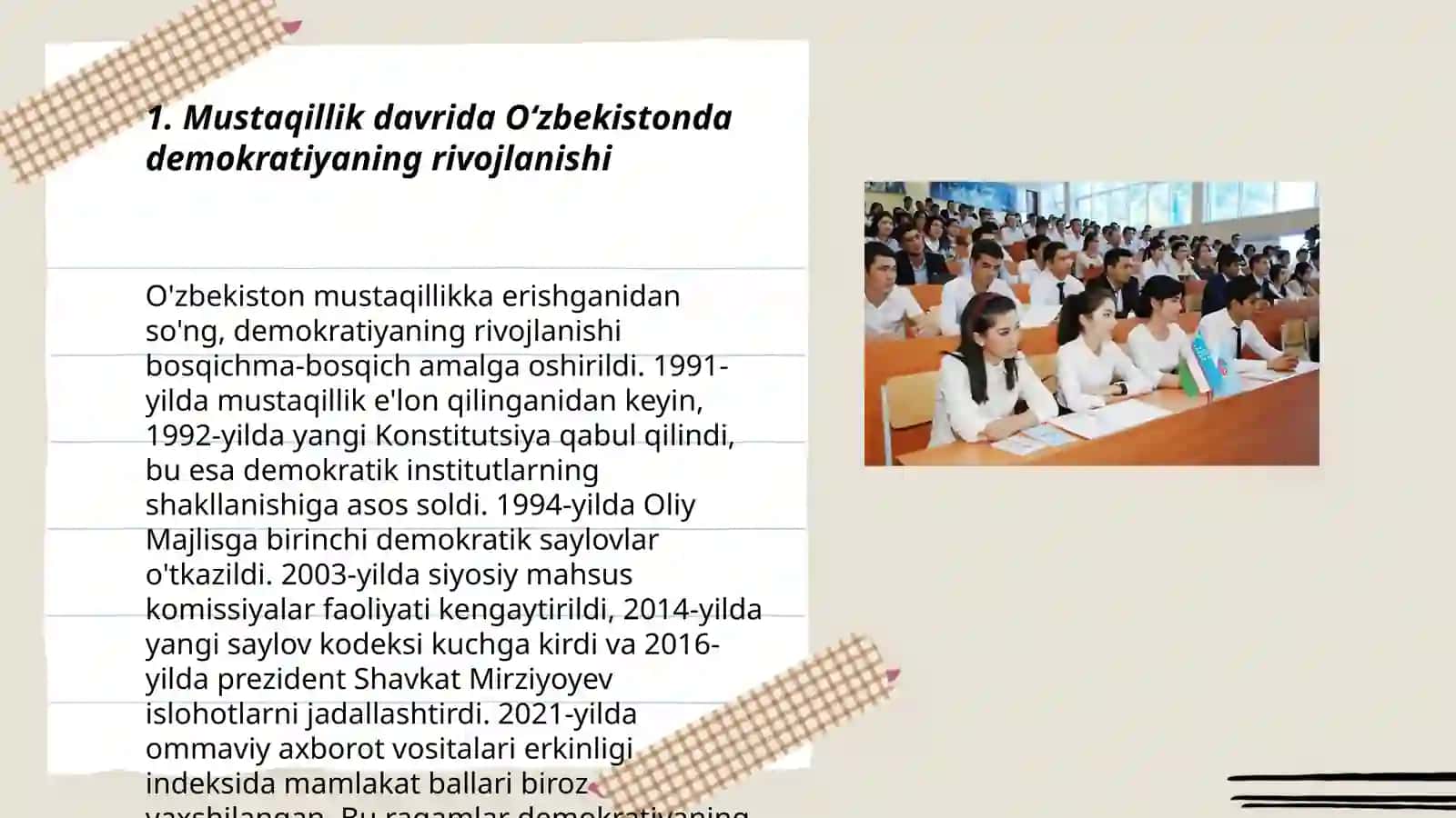 O’zbekistonda demokratik, fuqarolik jamiyati asoslarining shakllanishi, amalga oshirilgan siyosiy islohotlar 3