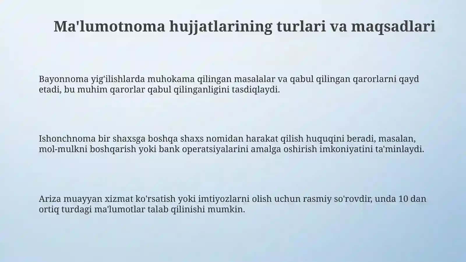 Maʼlumot axborot hujjatlari Bayonnoma, Dalolatnoma, Maʼlumotnoma, Ishonchnoma, Ariza 3