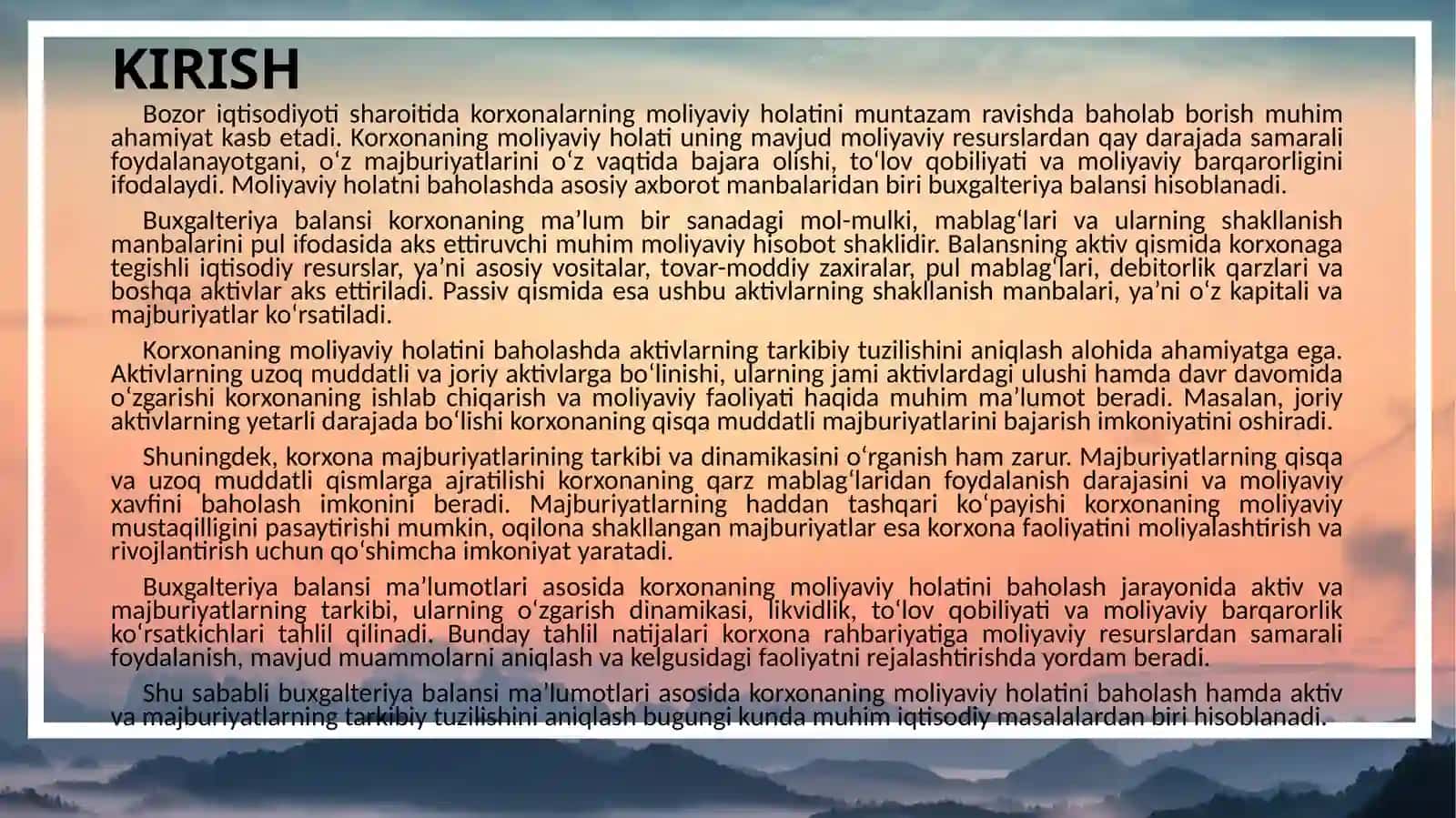 BUXGALTERIYA BALANSI MA'LUMOT ASOSIDA KORXONANING MOLIYAVIY HOLATINI BAHOLASH 3