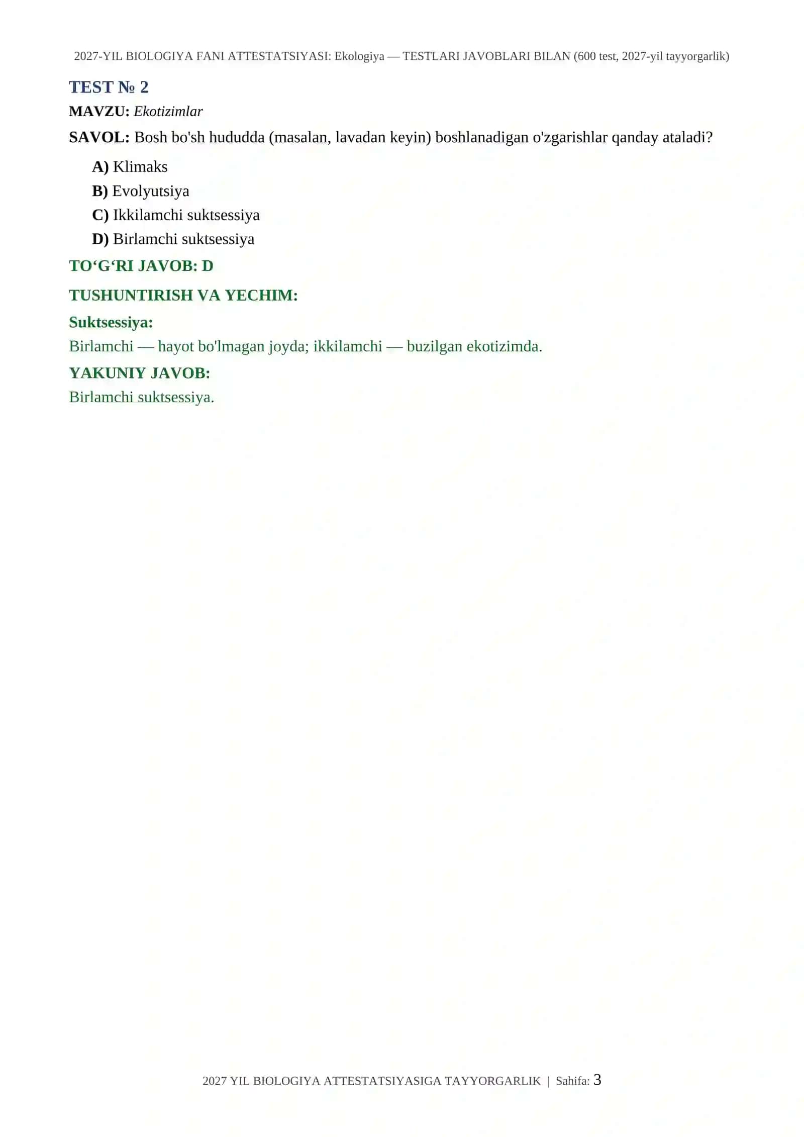2027-YIL BIOLOGIYA FANI ATTESTATSIYASI: Ekologiya — TESTLARI JAVOBLARI BILAN (600 test, 2027-yil tayyorgarlik) 3