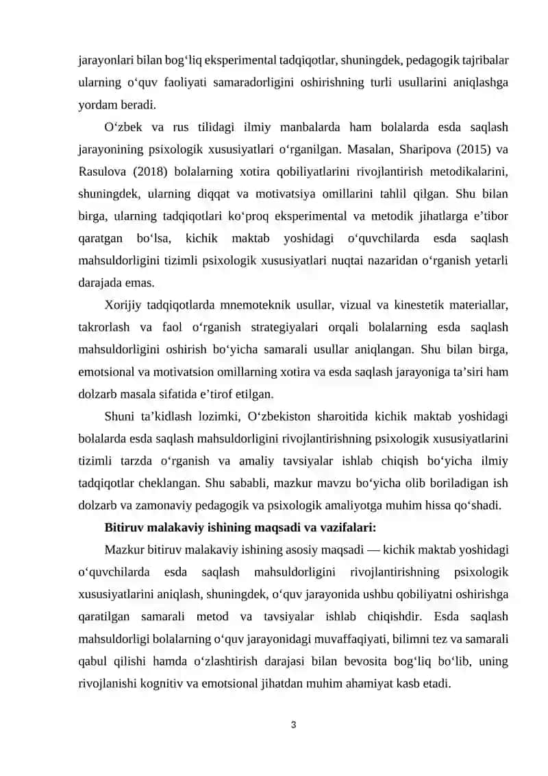 Kichik maktab yoshidagi o‘quvchilarda esda saqlash mahsuldorligi 3