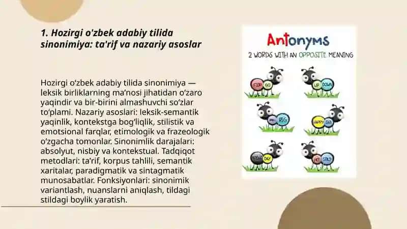 Hozirgi o'zbek adabiy tilida sinonimiya antonimiya omonimiya graduonimiya va giponimiya 3