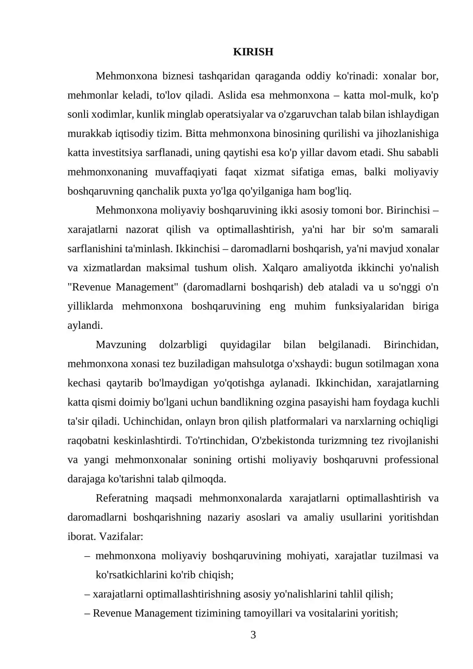 Mehmonxonalar moliyaviy boshqaruvining mohiyati, xarajatlar tuzilmasi va asosiy ko'rsatkichlari 3