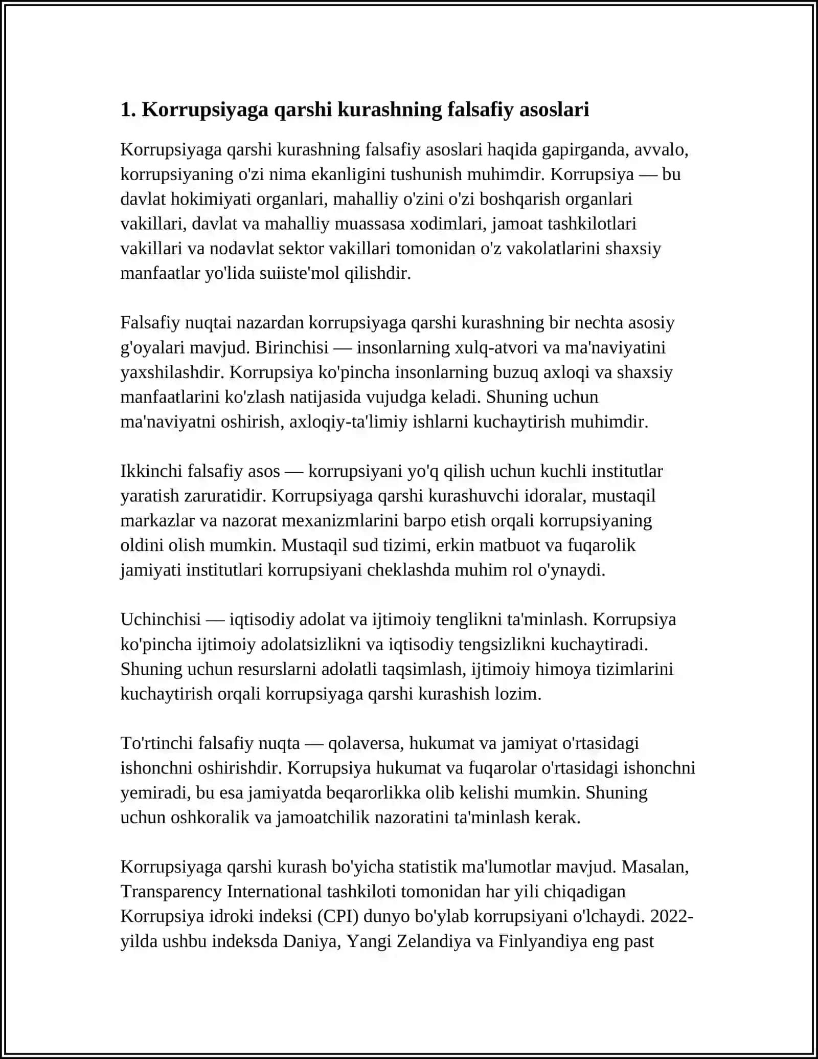 GLOBALLASHUV VA BARQAROR TARAQQIYOT FALSAFASI: KORRUPSIYAGA QARSHI KURASHISHNING JAXON TAJRIBASI.OʻZBEKISTONING KORRUPSIYAGA QARSHI KURASH SIYOSATI 3