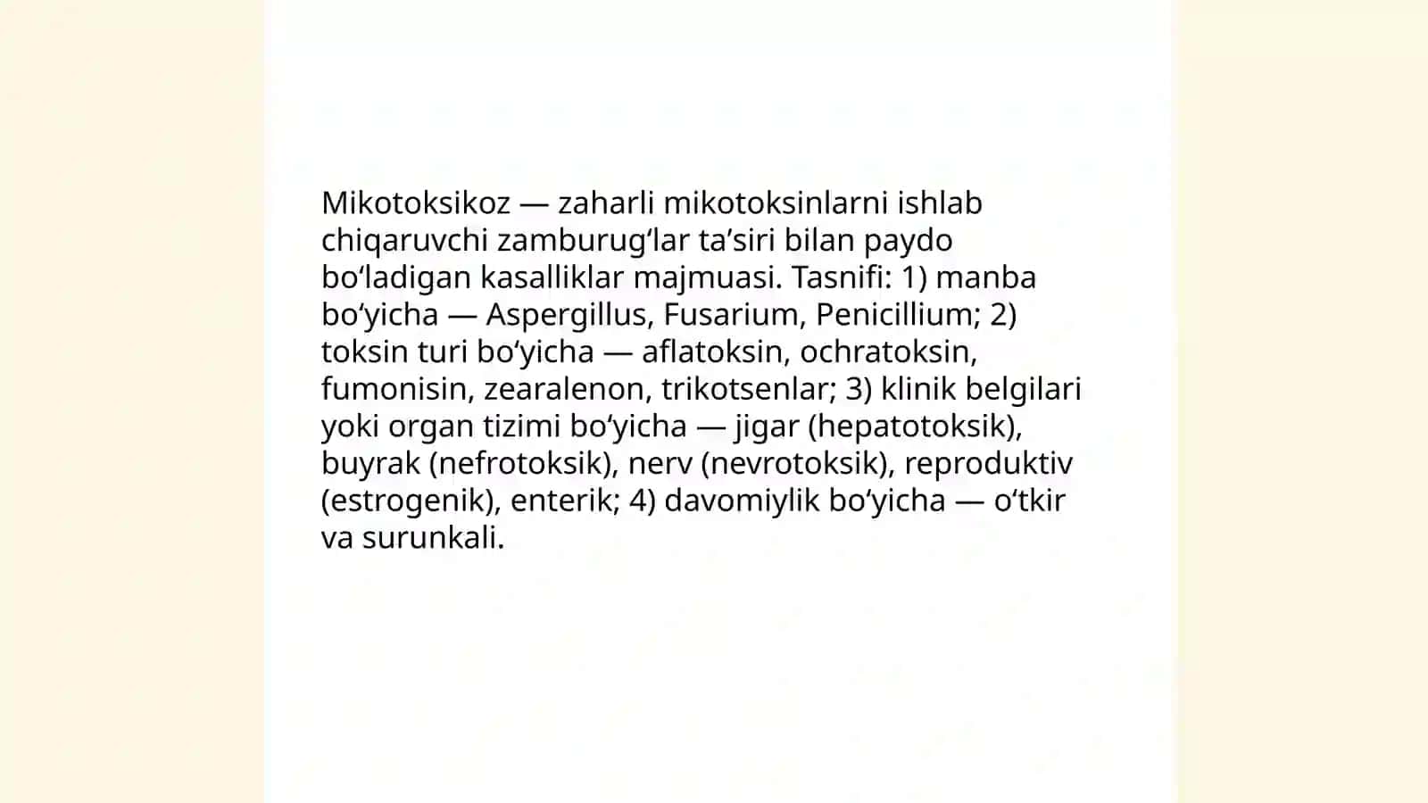 Mikotoksikoz. Oziq-ovqat mahsulotlarining ifloslanish usullari. Sogʻliq uchun xavf. Profilaktik choralar 3