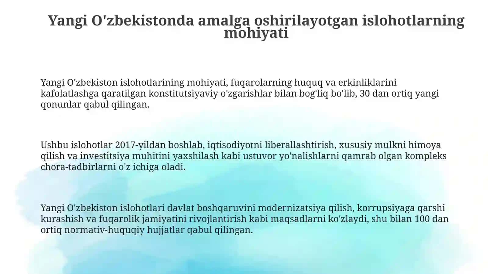 Yangi Õzbekistonda Prezident Sh.M.rahbarligi va tashabbusi ostida amalga oshirilayotgan islohatlar 3