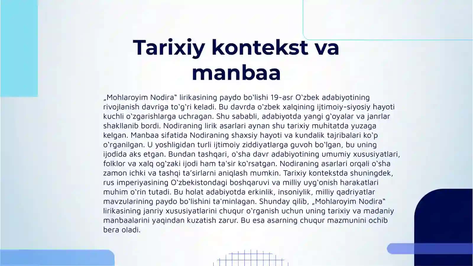 "MOHLAROYIM NODIRA LIRIKASINING JANRIY XUSUSIYATLARI" 3