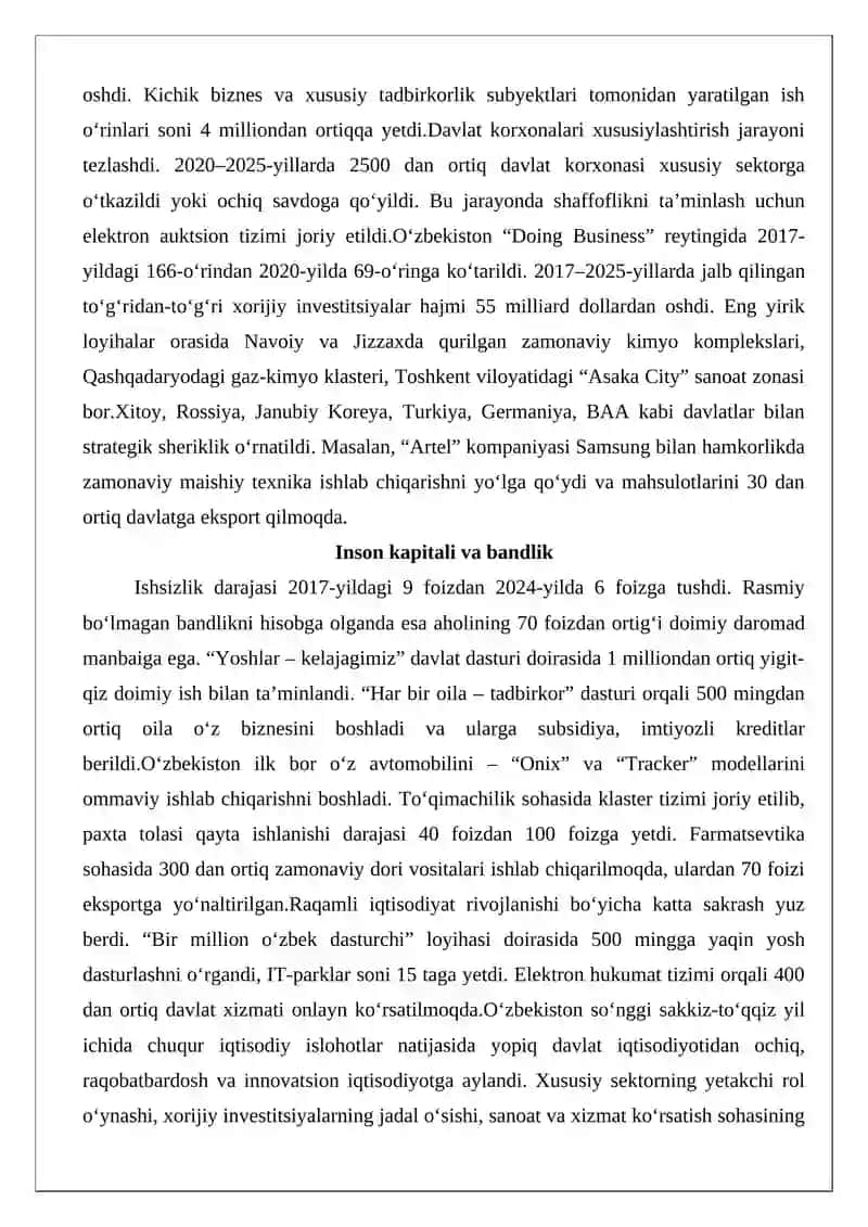 O‘zbekistonning iqtisodiy sohadagi yutuqlari. 3