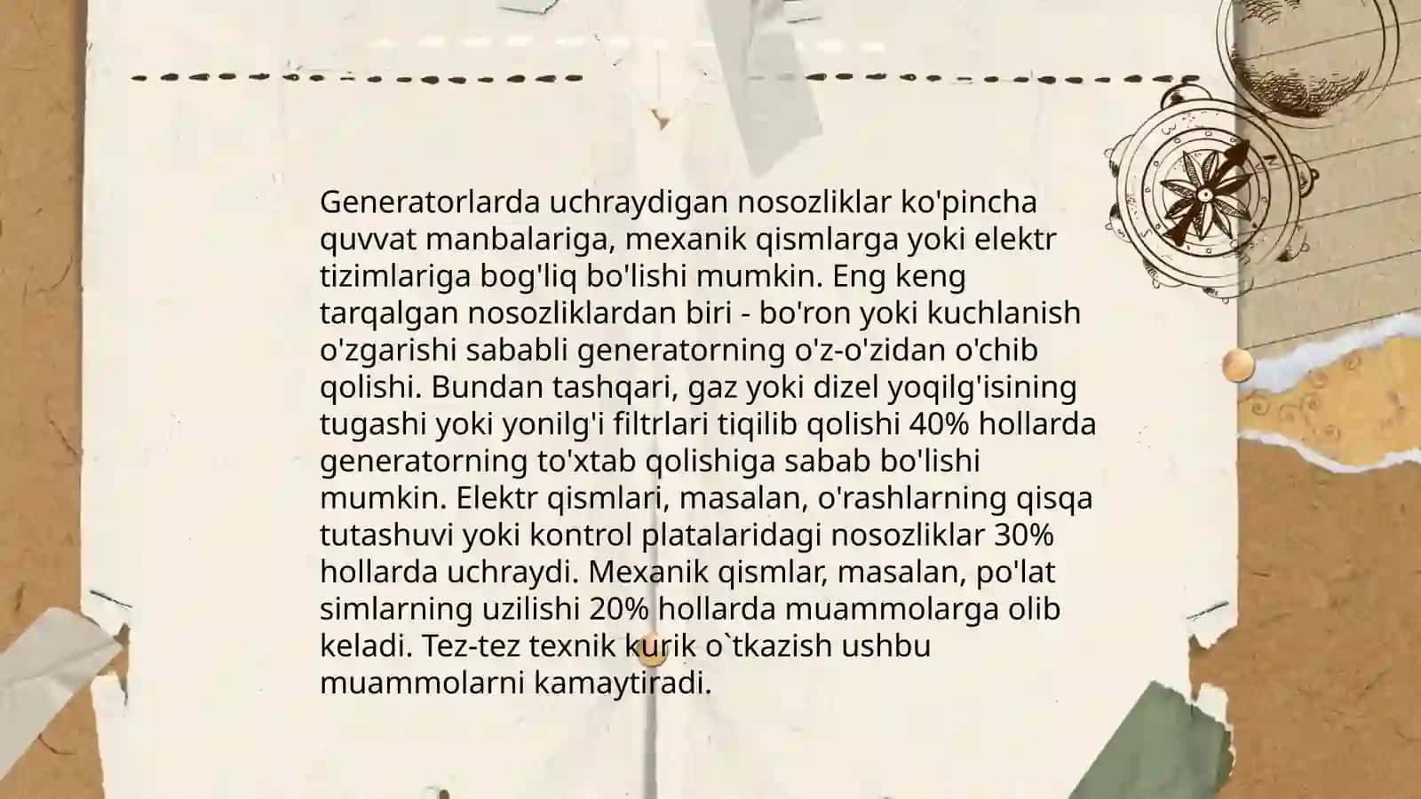 Elektr jihozlarida generator,tok to'g'rilagich,starter,elektr korbyuratorli motorlarning ta'minlash tizimida uchraydigan asosiy nosozliklar,ularning alomatlari va melib chiqish sabalari 3
