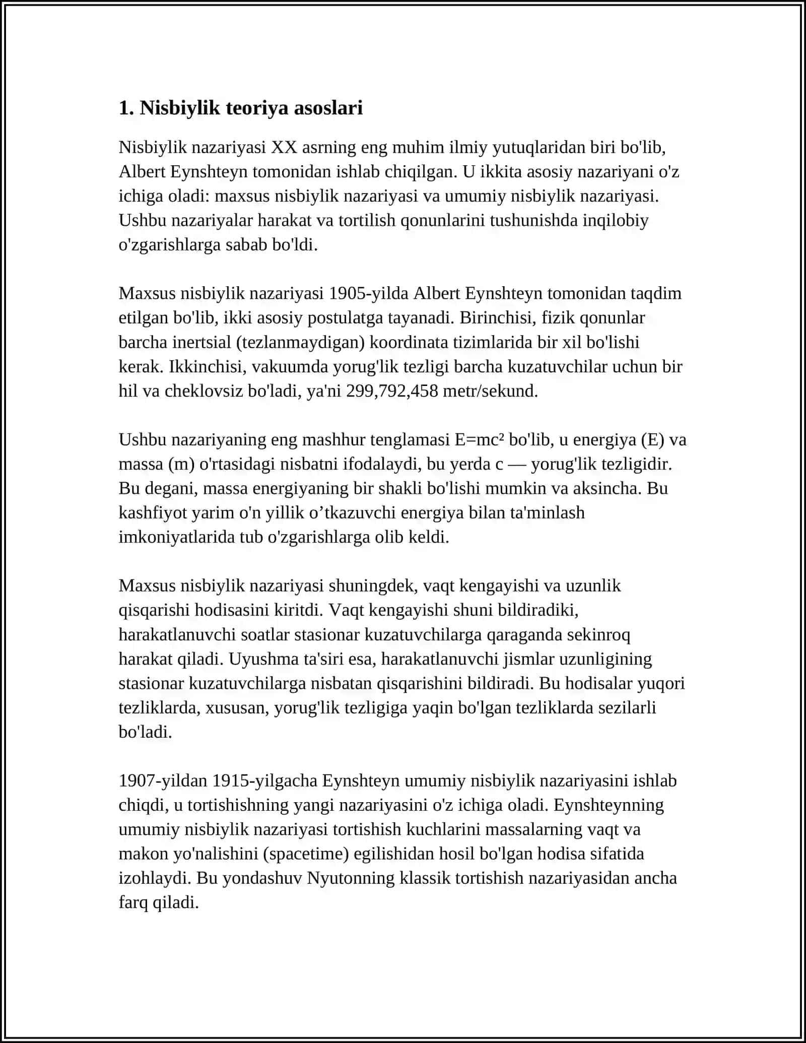 NISBIYLIK NAZARIYASI ELEMENTLARI. RELATIVISTIK DINAMIKA ASOSLARI. KEPLER QONUNI. MARKAZIY MAYDONDAGI HARAKAT 3