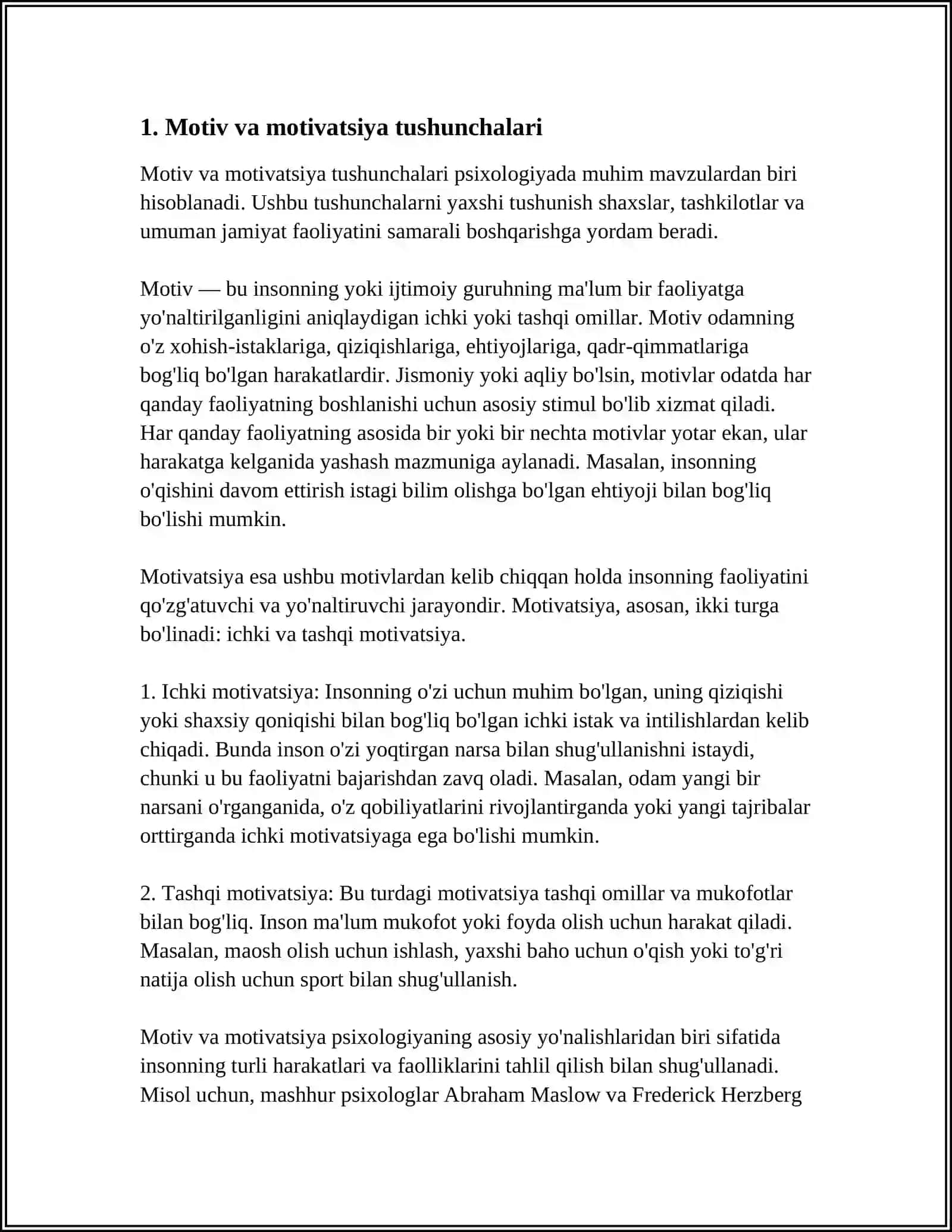 MUSTAQIL ISH Mavzu: XORIJ PSIXOLOGIYASIDA MOTIV VA MOTIVATSIYA MUAMMOSI 3